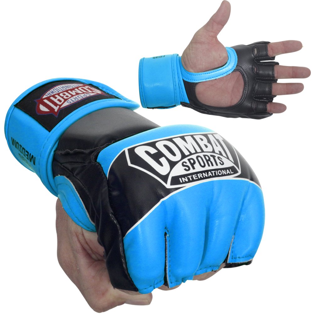 Combat Sports Pro Style MMA Grappling Gloves - 5oz Open Palm Synthetic Leather Fighting Gloves for Mixed Martial Arts, Sparring & Heavy Bag Training, Blue, Medium