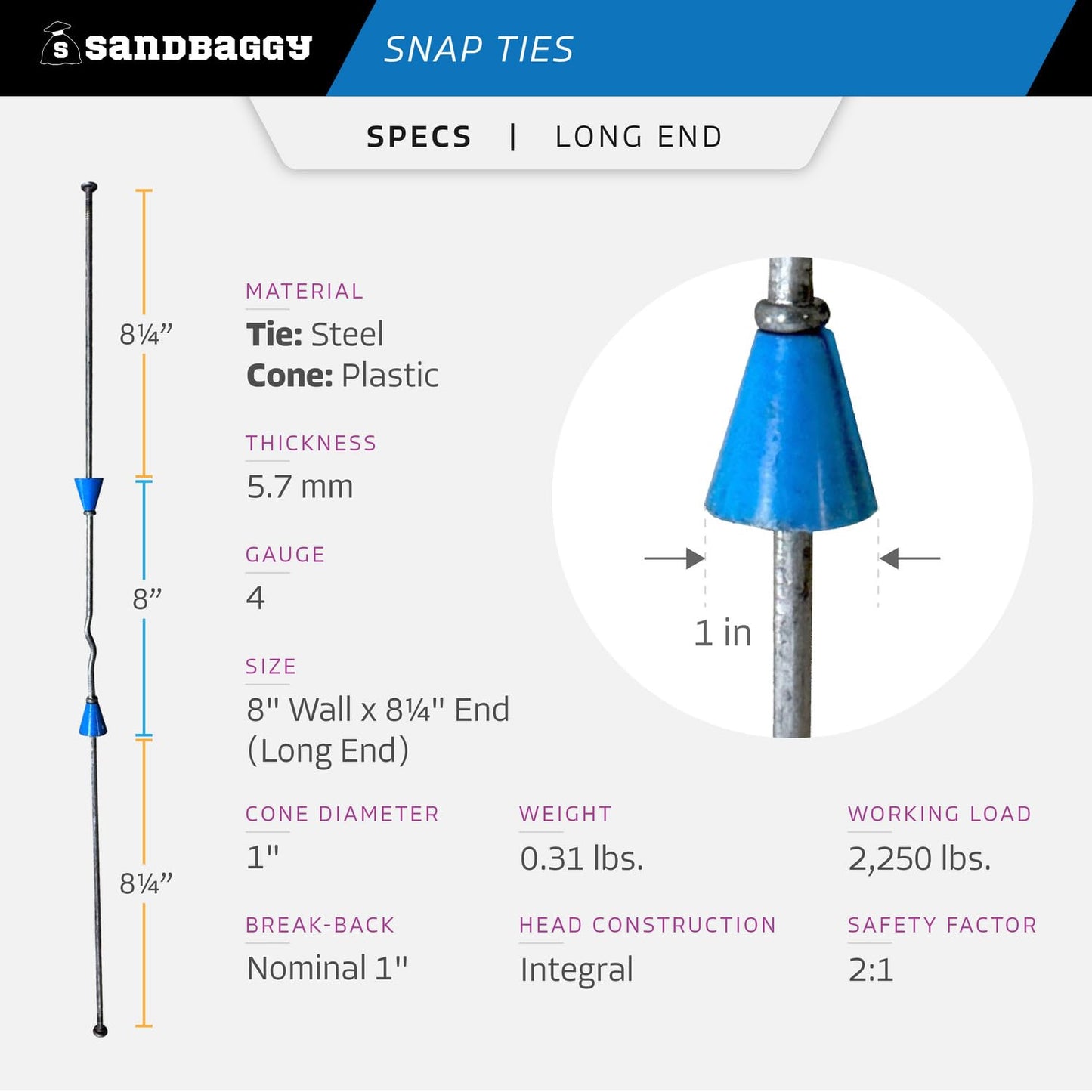 8" Standard Snap Ties for Concrete Forms - 1" Plastic Cones, Integral Heads - 2:1 Safety Factor, 2,250 lbs Working Load - 4 Gauge Steel (Long End - 8.25", 100) - 1 Year Warranty