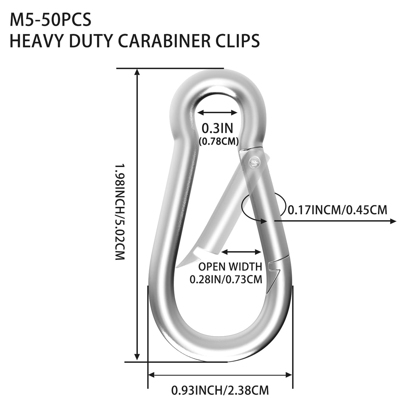 High-PQ Carabiner, Heavy Duty Galvanized Steel Spring Snap Hook Carabiner Clips with 220LBS Holding Capacity, Ideal for Outdoor, Hammock, Swing and Travel (M5 2Inch, 50PCS)