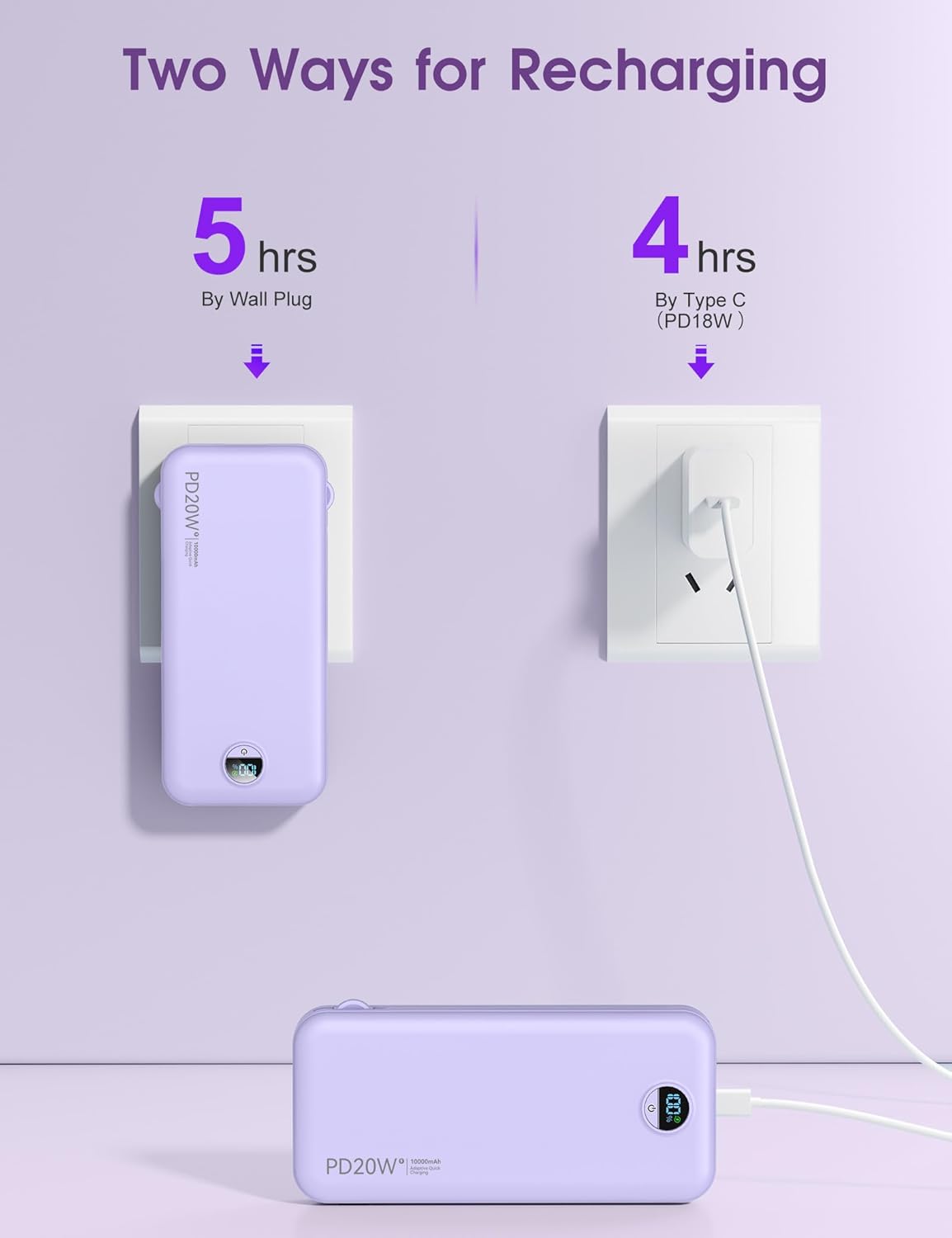 citicr 10000mAh PD20W Pack Portable Charger, USB C Fast Charging Power Bank with Built-in Cables and AC Wall Plug
