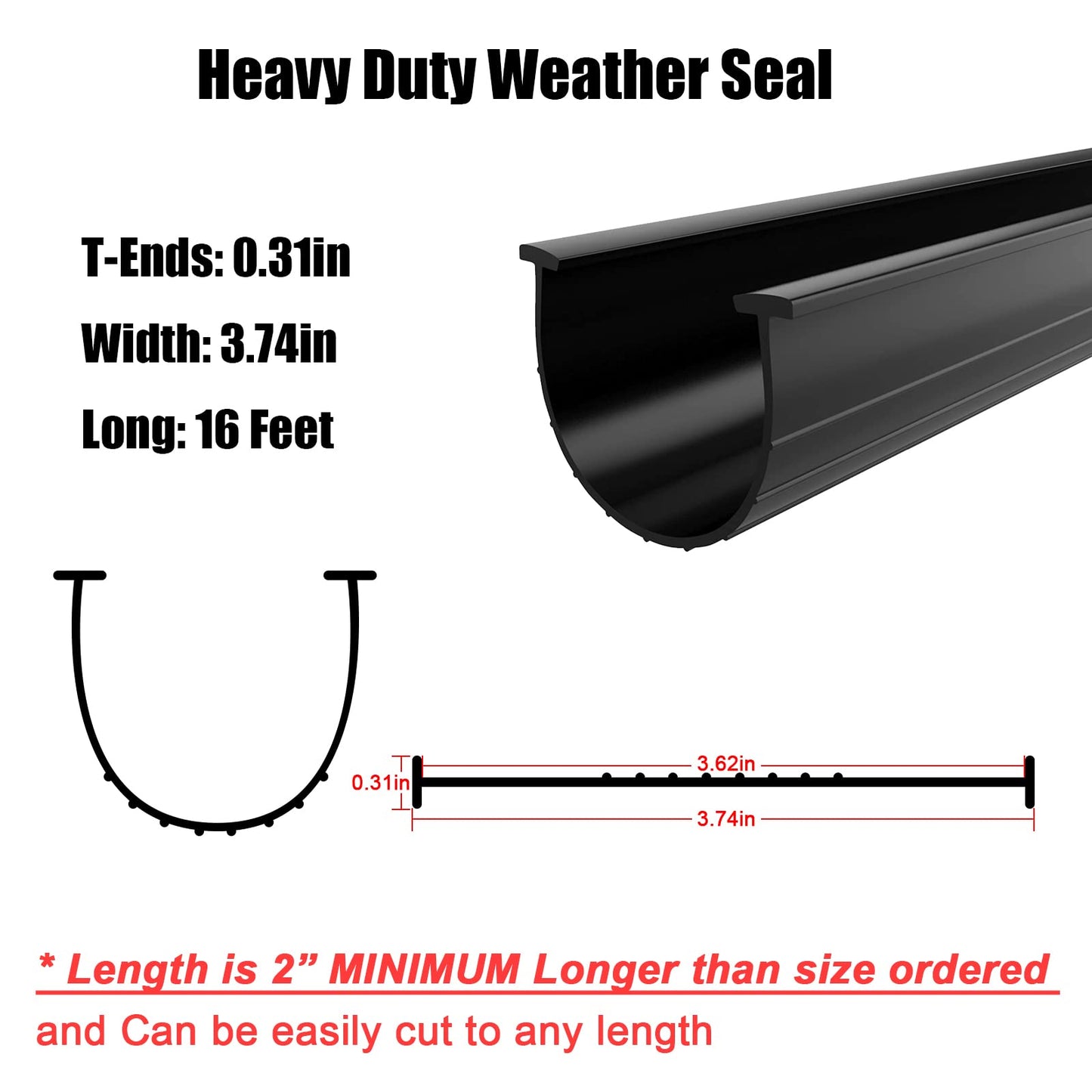 T Ends Weatherproofing Garage Door Seals Fits U-Bottom Garage Door Bottom Weather Seal,5/16" T Ends,3 1/4" Width, Replacement 16' Wide Garage Doors