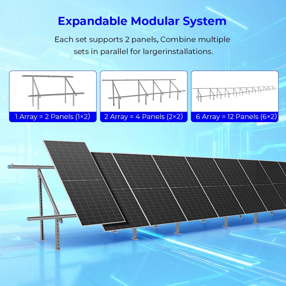 SUNGOLDPOWER Adjustable Solar Panel Ground Mounting Bracket,Expandable Mount Brackets for 2pcs 300W/450W/500W/560W/590w Panels,for Large Scale Install,Farm,Off-Grid System (Ground Mounting Bracket)