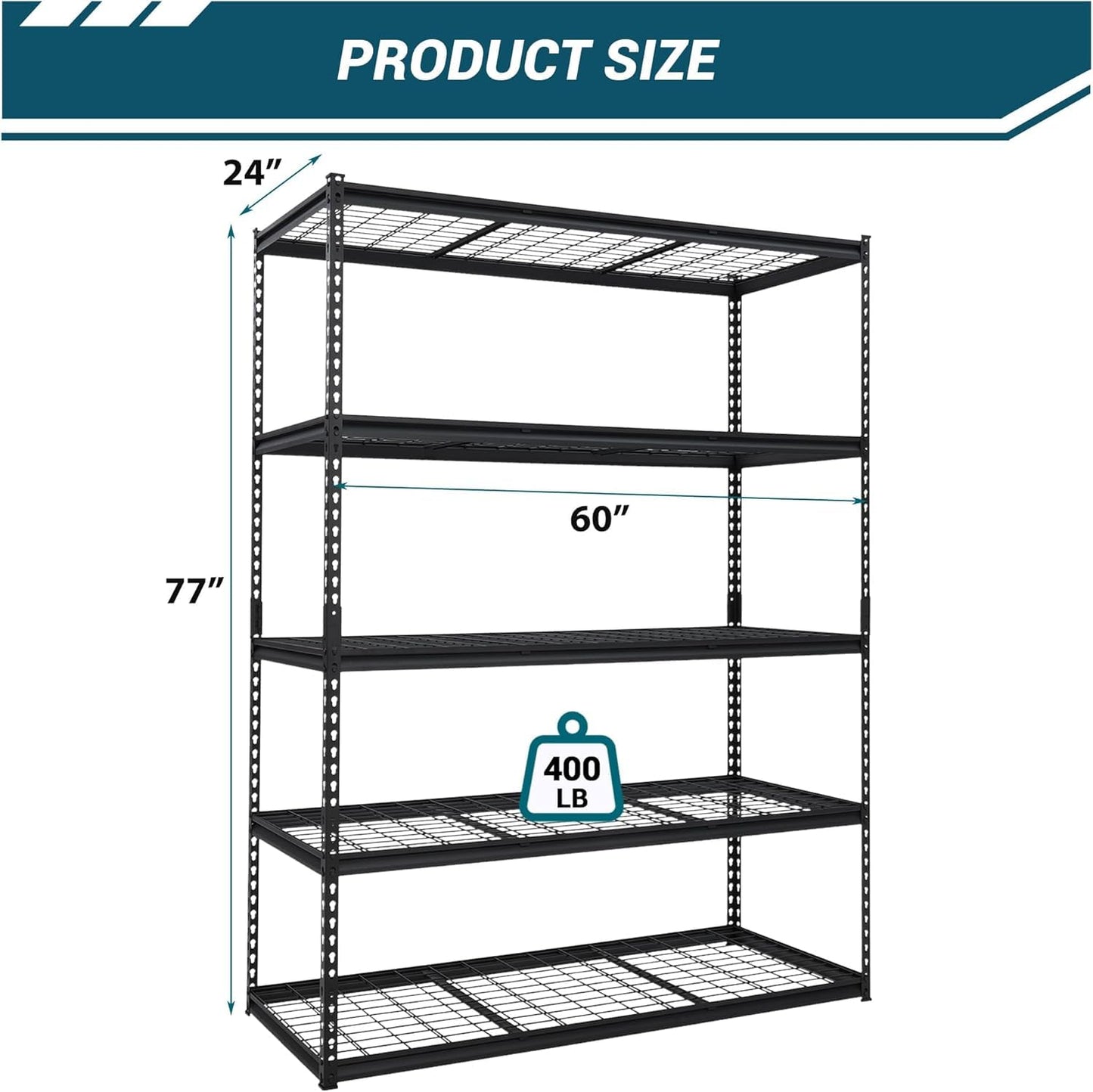 ExploreHorizon 2500 Lbs Capacity Heavy Duty Garage Shelving, 60x24x72 Inch 5-Tier Metal Wire Shelves, Adjustable Industrial Storage Rack for Garage, Basement, Warehouse Organization
