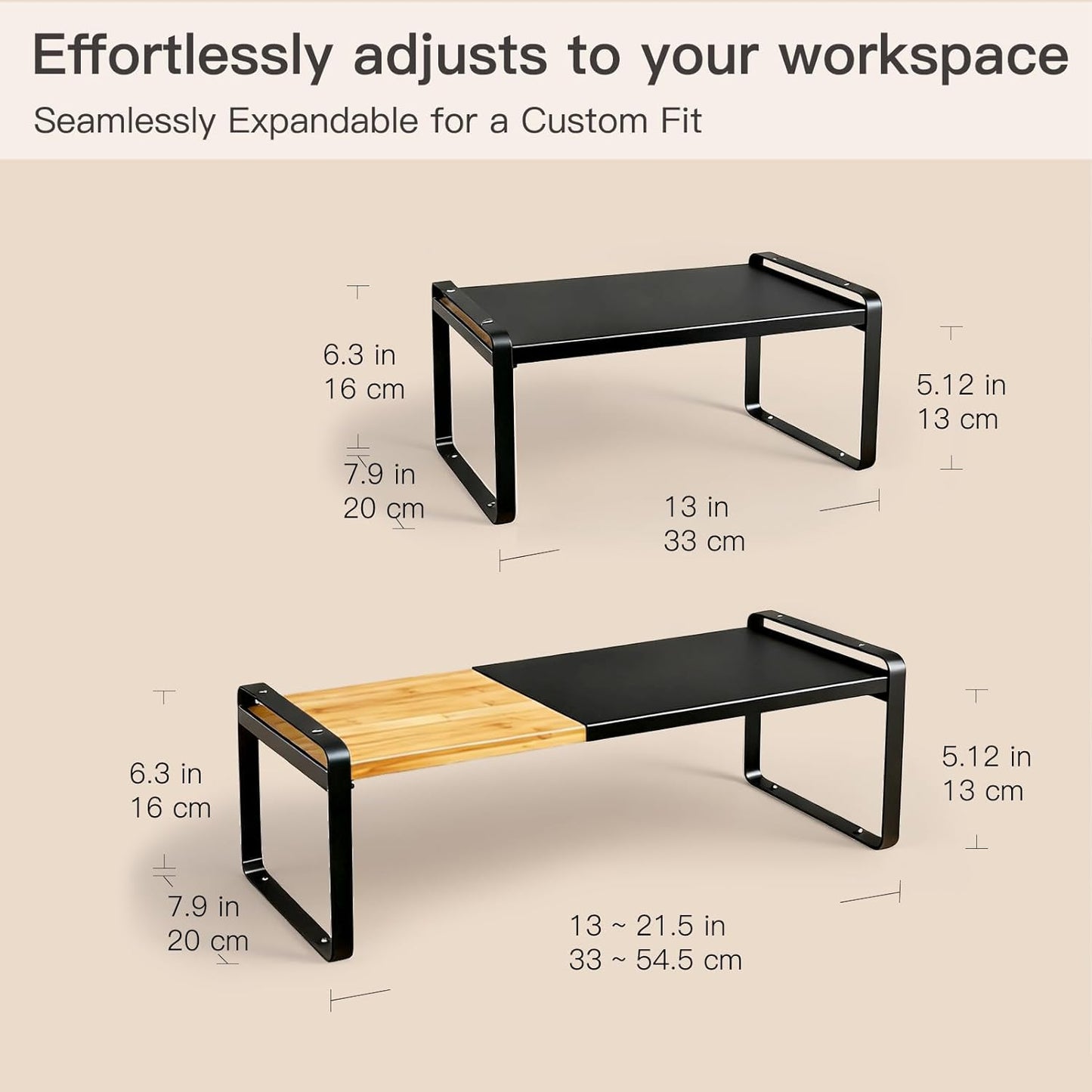 Solcasaco Expandable Desk Shelf Organizer, Sturdy Bamboo Desktop Riser for Monitor, Laptop & Office Storage, Modern