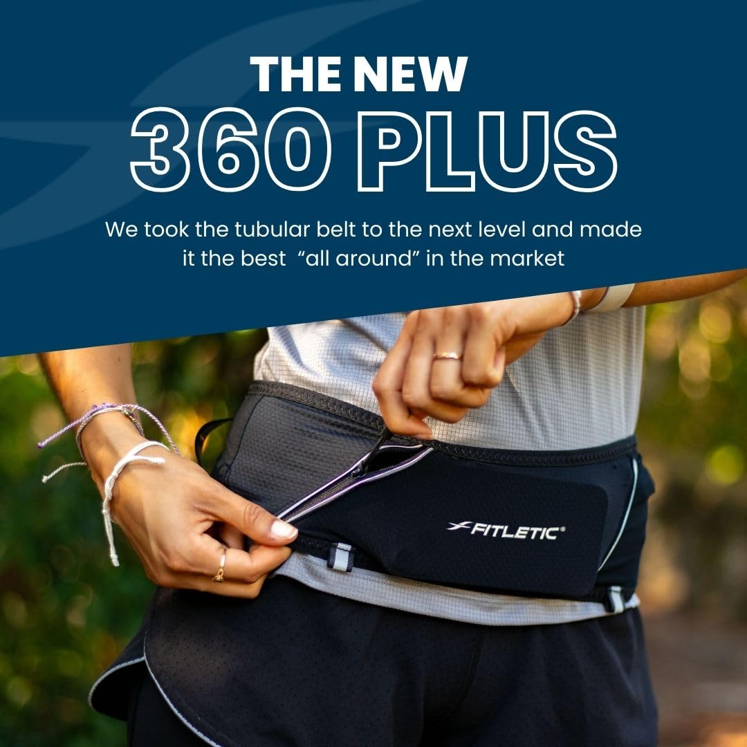 Fitletic 360 Plus Running Belt – Step-In Waist Pack – Fits iPhone 17 Pro Max & Galaxy S26 Series – Built-in Trekking Pole & Race Bib Holder – Trail, Hiking & Marathon Hydration – Black