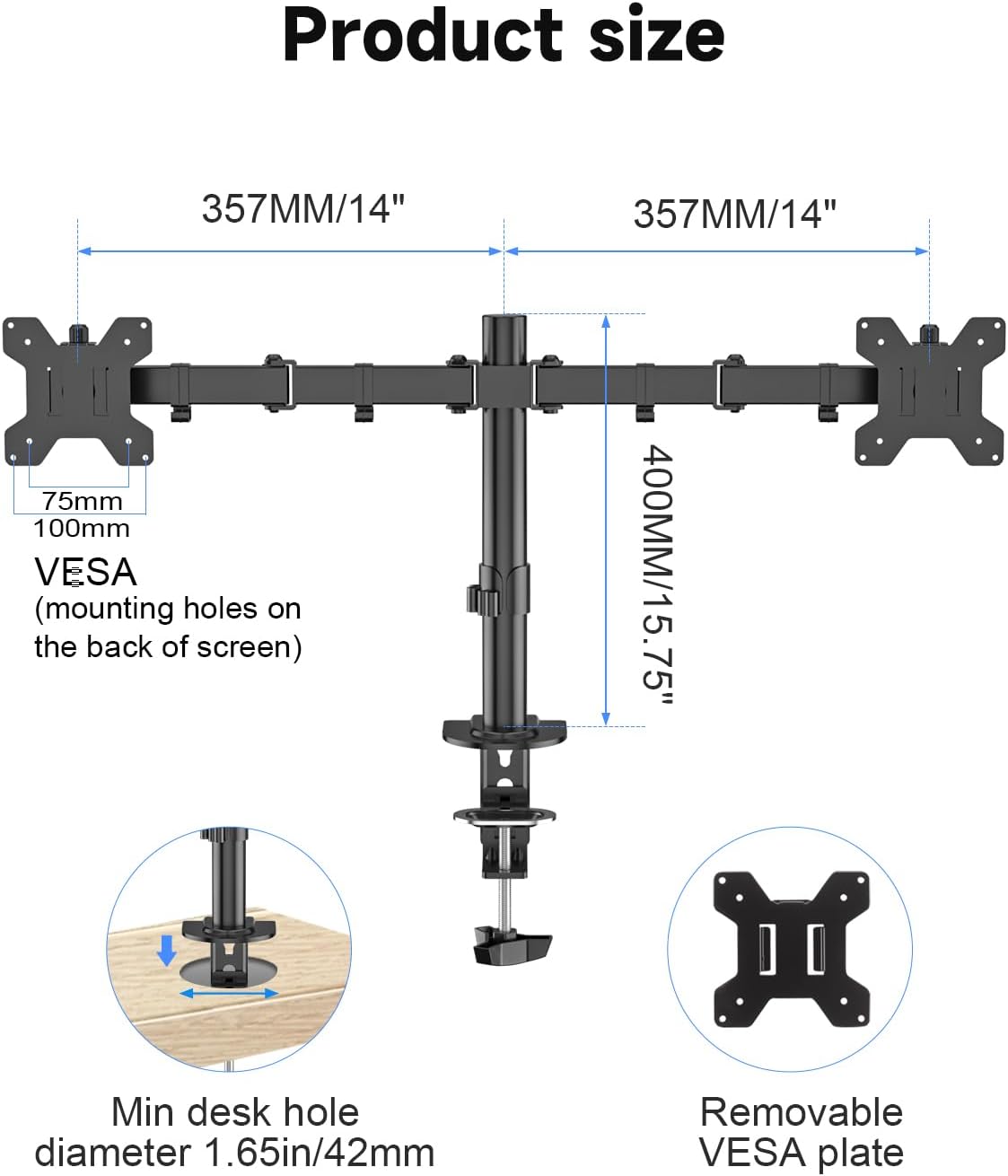 suptek 2 27 inch, 22 lbs 75x75/100x100 mm, (MD9442) Dual Monitor Desk Mount, Adjustable Dual Monitor Arm for Computer