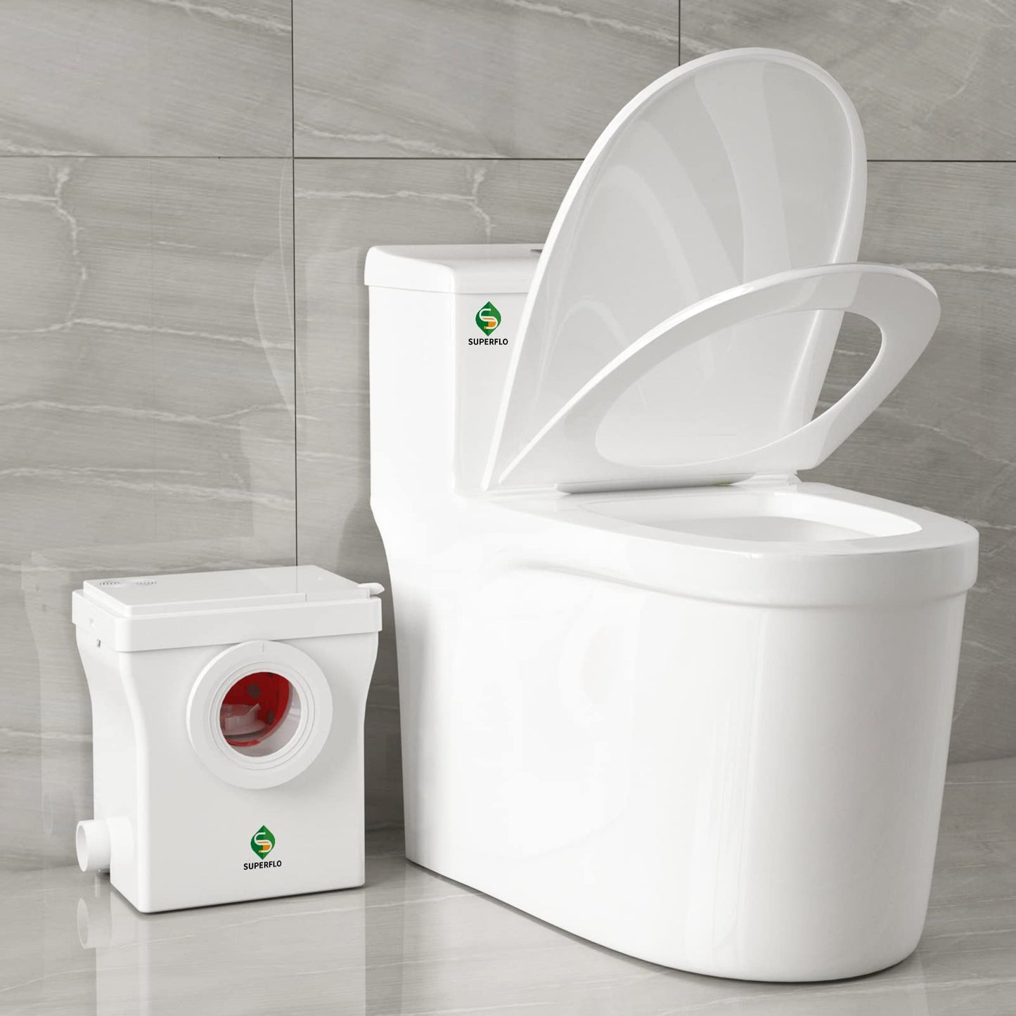 SUPERFLO Upflush Toilet Basement with 600W Macerating Toilet System | One Piece Macerator Toilet & AC Vent Pump Max Pumping to V26.2 & H262 Feet 3 Inlets for Bathroom Sink & Tub