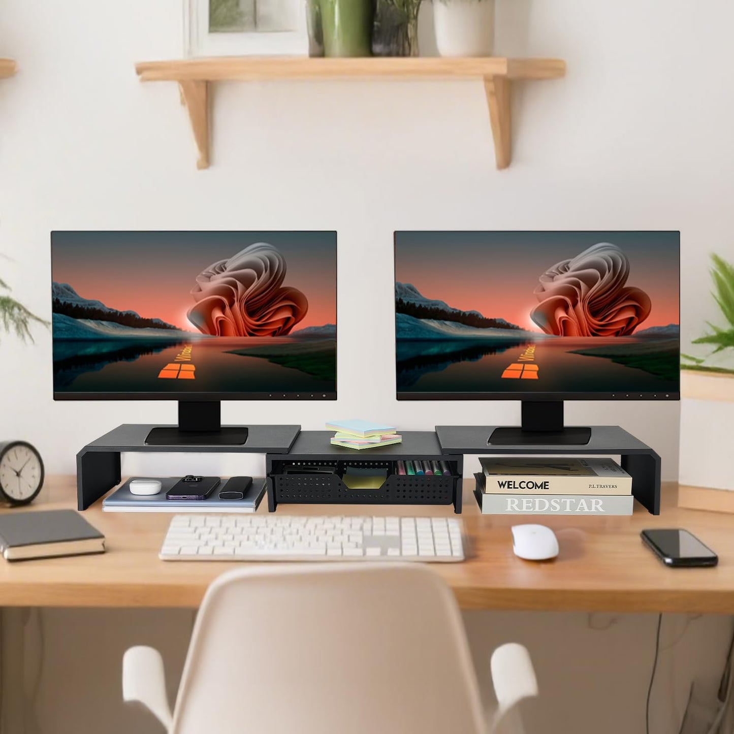 LEKETREE Dual Monitor Stand Riser with Drawer, Computer Stand for Desk, Workspace Desktop Stand, Desk Organizer