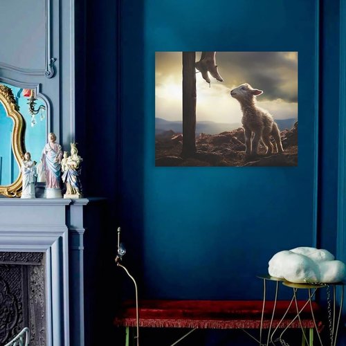 Jesus and Lamb Canvas Wall Art - The Sacrifice of Jesus | Religious Christian Home Decor 8x10 Inch
