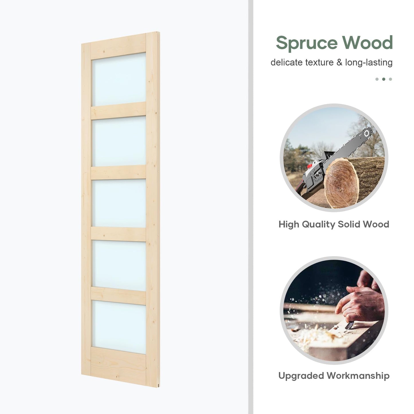ROYMELO Double 18×84 inch Glass Sliding Barn Door Slab with 6.6ft Hardware Kit Included, 5-Panel Frosted Glass, Spruce Wood Support DIY Dyeing, Easy Assembly