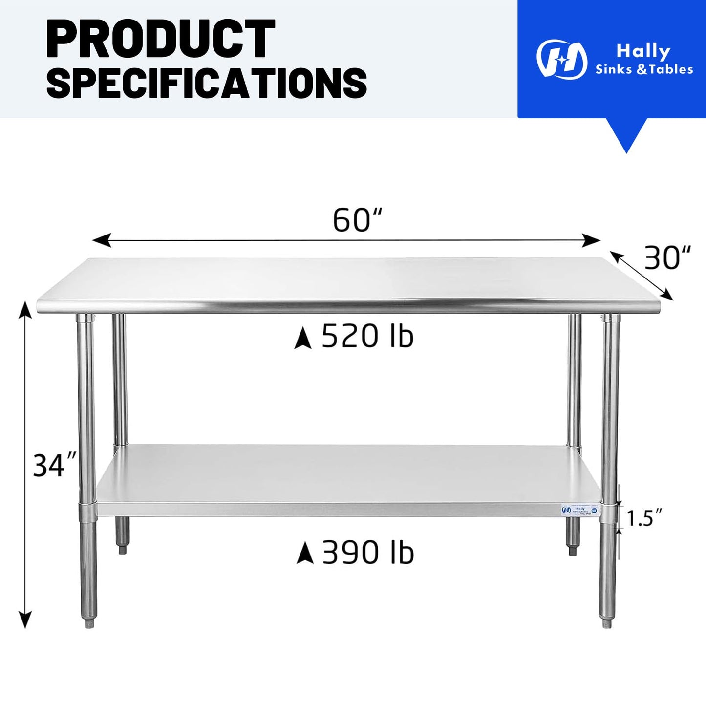 Hally Stainless Steel Table for Prep & Work 30 x 60 Inches, NSF Commercial Heavy Duty Table with Undershelf and Galvanized Legs for Restaurant, Home and Hotel