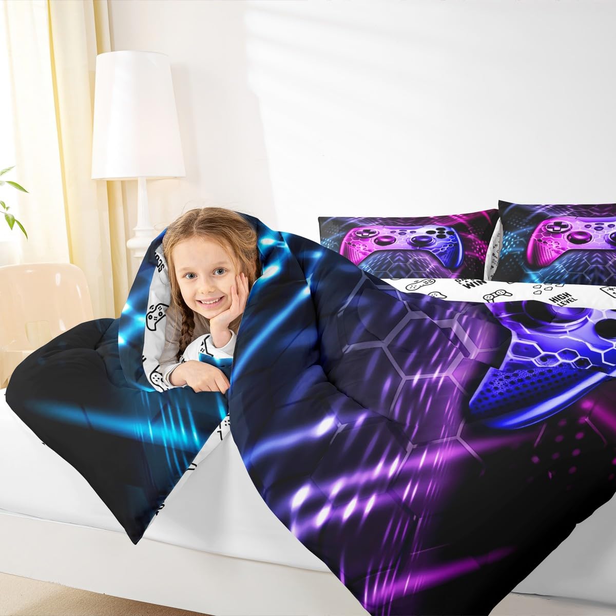 Castle Fairy Teens Gamepad Comforter Set,Modern Gamer Reversible Down Comforter Twin Size for Kids Boys Children Youth,Video Game Bedding Set Player Gaming Duvet Insert for Bedroom,Blue Pink