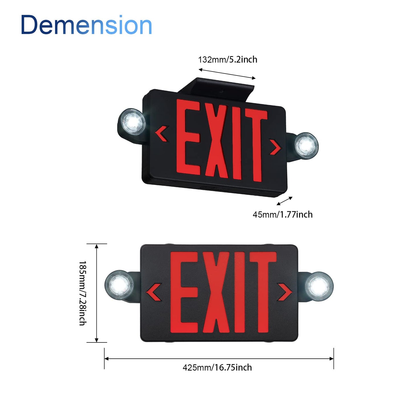 GZRUIYANG Black Housing Exit Sign with Emergency Lights Red, LED Emergency Exit Light with Battery Backup, UL 924 Certified, AC 120/277V, Commercial Emergency Lights Combo for Business - 2 Pack