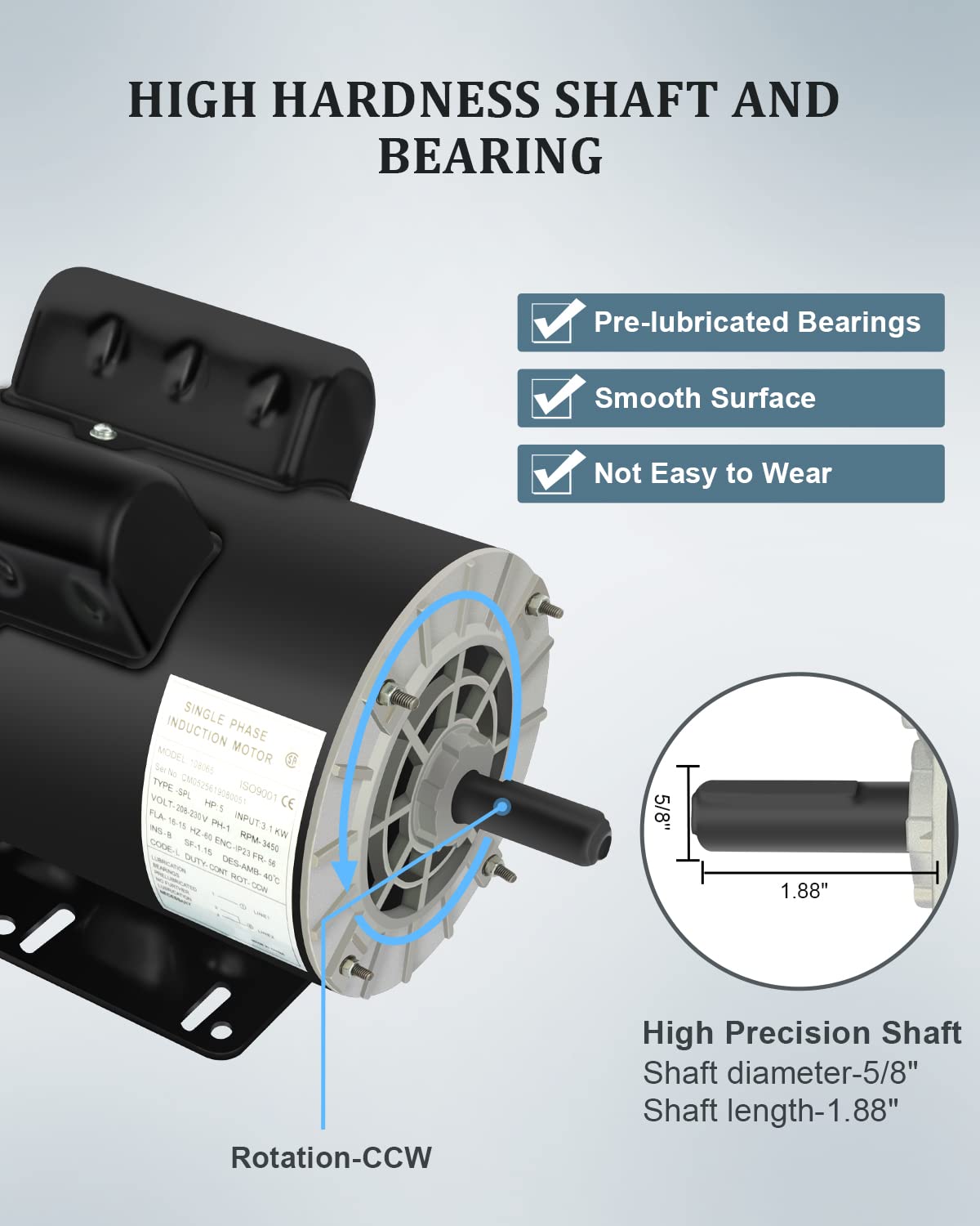 5HP SPL Electric Motor 3450 RPM, Air Compressor Motor, Single Phase 56Frame Motor, 208V-230V 5/8" Shaft Diameter Rolled Steel Shell 60HZ