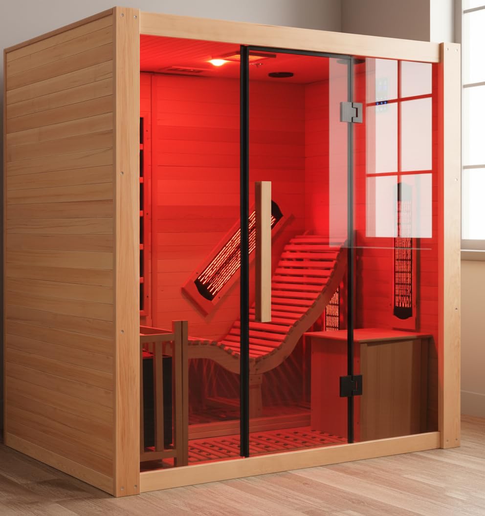 iDOTODO Far Infrared Wooden Sauna Room with Recliner, 1 Person Indoor Infrared Home Sauna, Indoor Saunas for Home 220V, 2300W, 7 Heaters, Hemlock, Bluetooth Speakers, 7 Color Light, Oxygen Bar