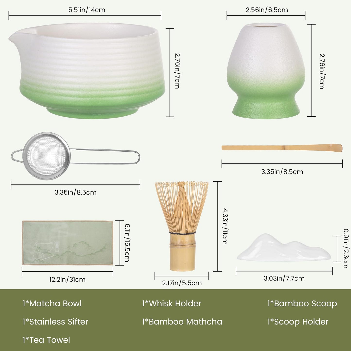 Nardo Visgo Matcha Whisk Set - 7PCS Japanese Tea Set Includes Matcha Bowl with Spout, Bamboo Whisk with Ceramic Holder, Bamboo Scoop, Scoop Stand, Sifter and Tea Towel, Matcha Making kit for Women Men