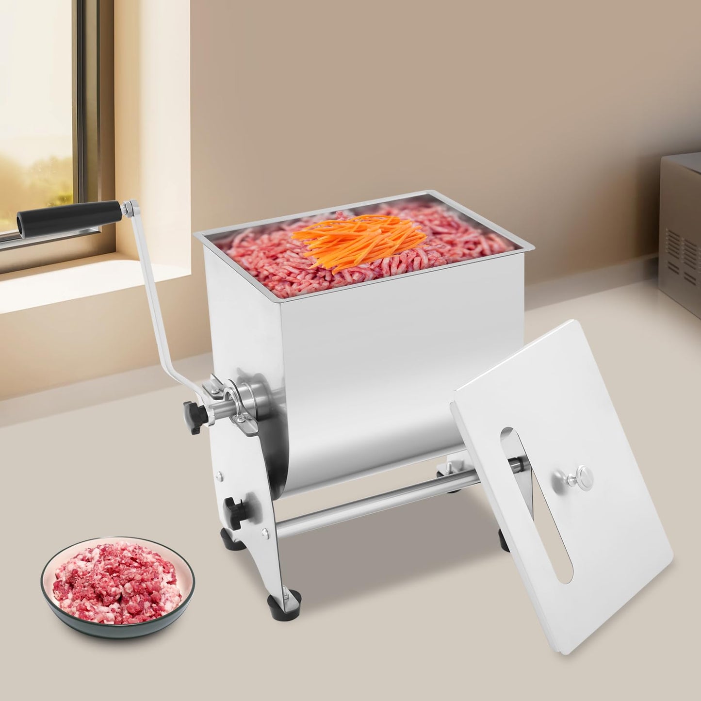 Meat Mixer, 22/44lbs Manual Stainless Steel Tilt Tank Hand Crank Sausage Mixer Machine Commerial Food Mixer with Removable Paddle for Home Deli Butcher Mixing Vegetables Spices (Tilt-type, 22lbs)