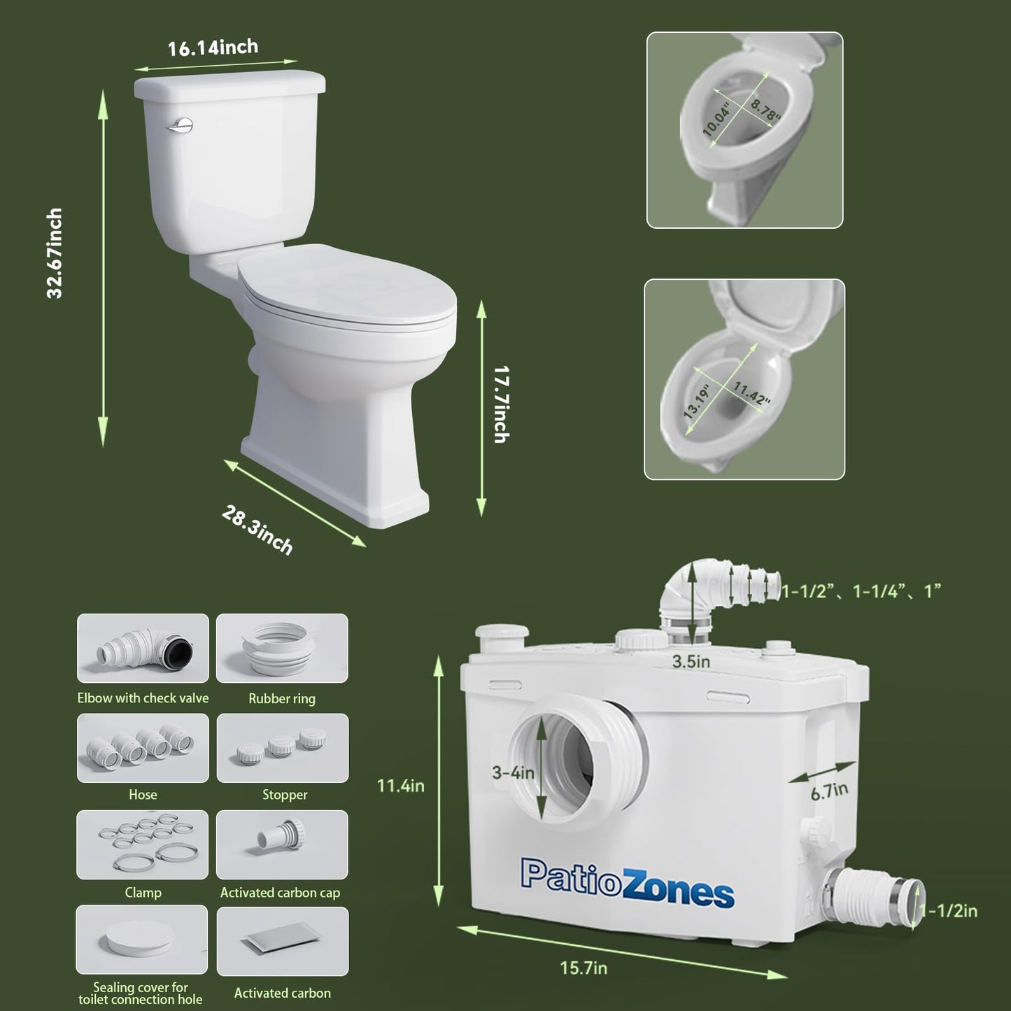 800W Upflush Macerating Toilet for Basement, HIGH POWER Macerator Grinder Pump for Sink/Shower/Bathtub/Laundry, Two Piece Tall Toilet (with Extension Pipe), 36ft Vertical /360ft Horizontal