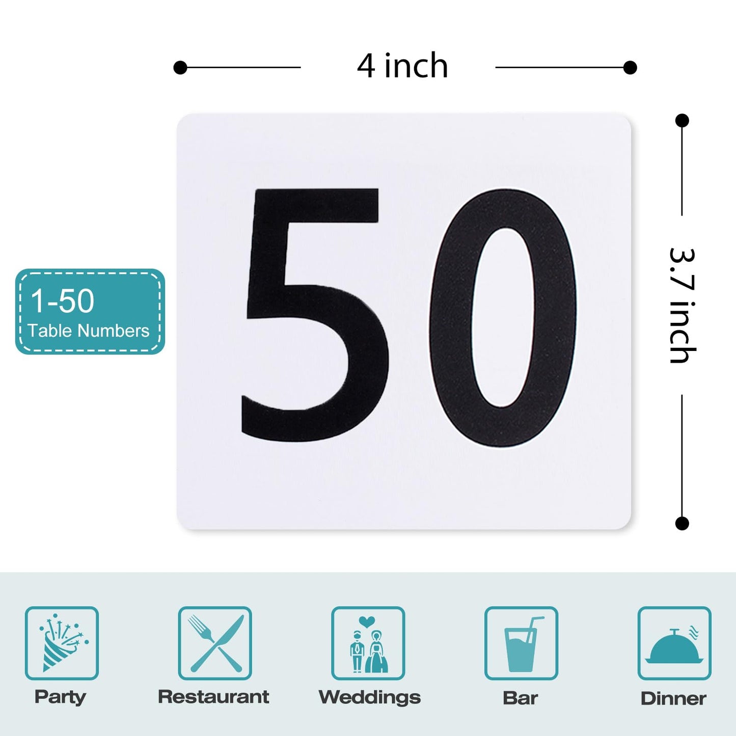 Toncoo 50Pcs Table Numbers 1-50, 3.7x4 Inch Plastic Table Numbers, Double Sided Table Number Cards - for Wedding Reception Restaurant Table Numbers Place Cards, White