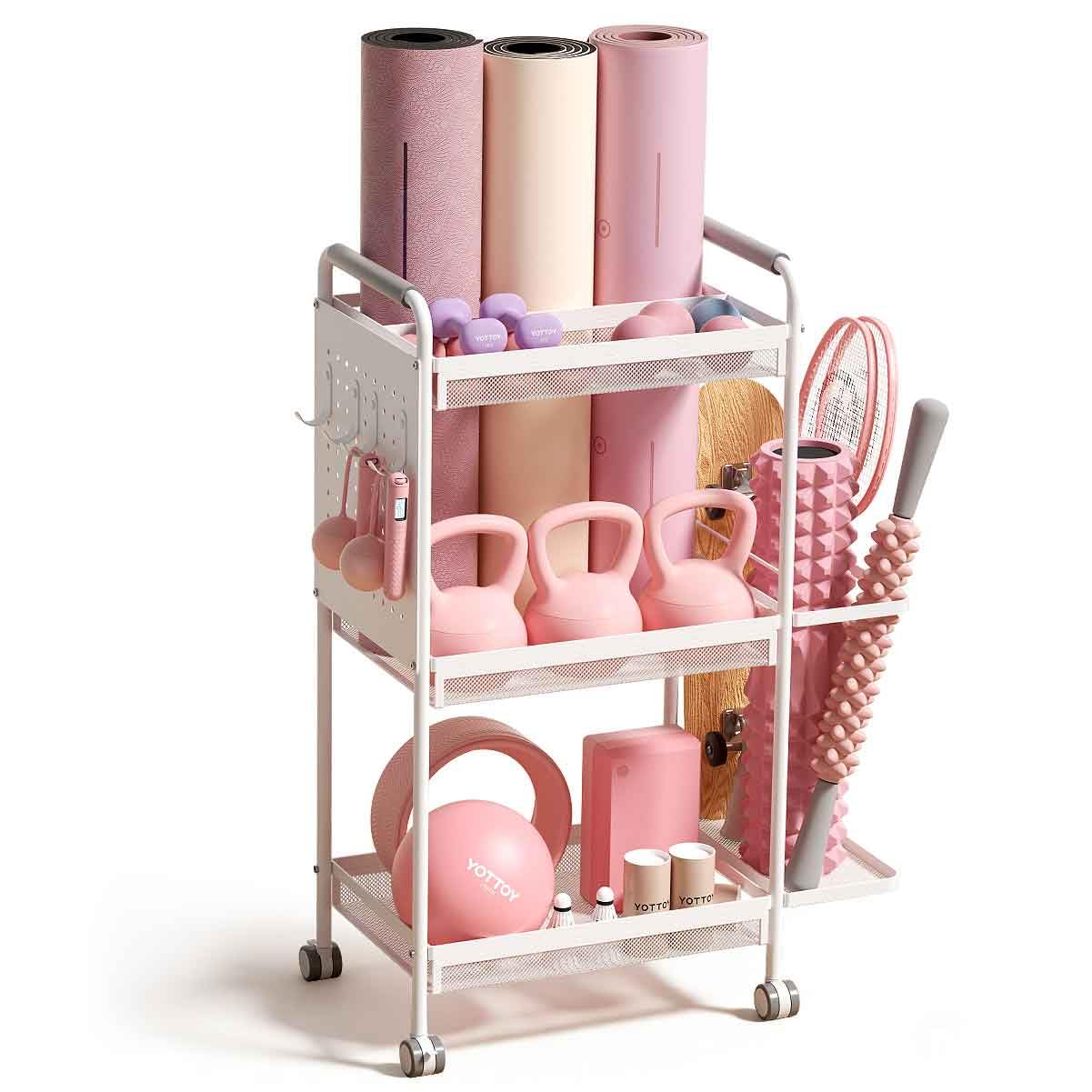 YOTTOY 3-Tier Gym Storage Rack for Home Gym–Multi-Functional Weight Rack, Dumbbell Rack, Yoga Mat Holder with Side Basket & 6 Hooks, Gym Equipment Organizer (White)
