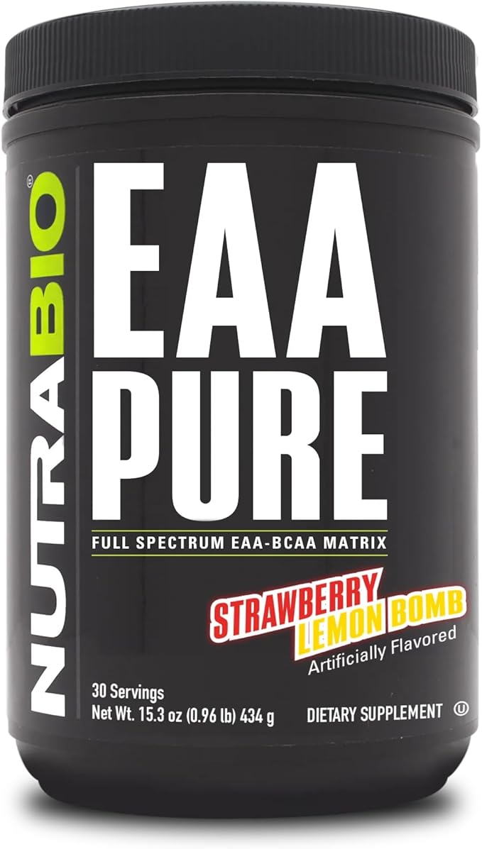 NutraBio ??EAA Pure ??9 Amino Acids ??Muscle Repair and Recovery, 30 Servings, Strawberry Lemon Bomb ??Pre or Post Workout ??All Day Recovery