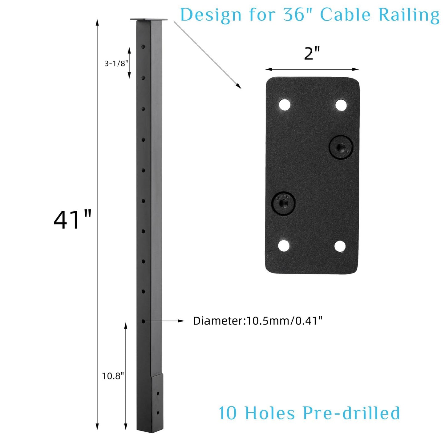 Senmit Cable Railing Post Fascia Mount-Stainless Steel Square Weldless 36"x2"x2" Pre-drilled Side Mount Metal Post for Wood Deck, Black 4 Pack