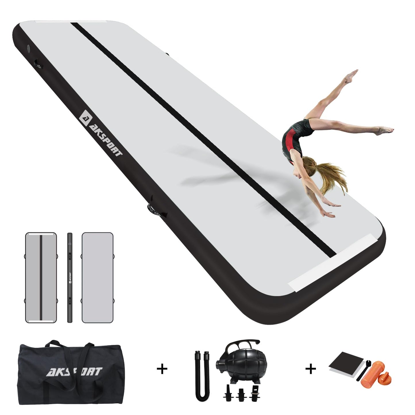 AKSPORT Inflatable Gymnatsics Mat Tumble Track 10ft 13ft 16ft 20ft 23ft Air Tumbling Mat with Air Pump for Home Use/Training/Cheerleading/Yoga