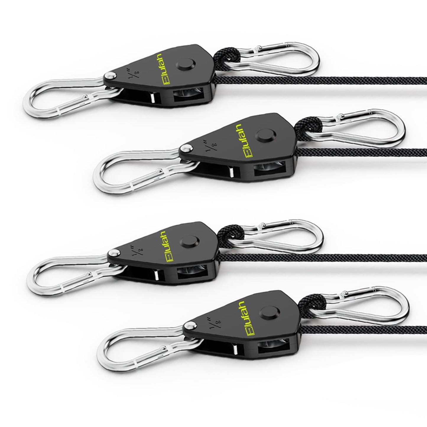 ELUFAH Longer 10ft 1/8" Ratchet Straps Hanger Rope Tie-Down Ratchet Outdoor Windproof Rope Roller Adjustable Hanger Grow Light Camping Tent Kayak Paracord 4-Pack