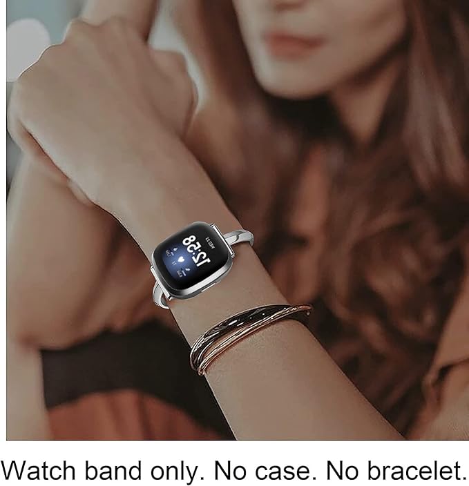 Silm Band Compatible with Fitbit Versa 4/Fitbit Sense 2 Band Cute Women, Bling Jewelry Metal Strap Replacement Compatible for Fitbit Sense/Versa 3 Women (Silver)