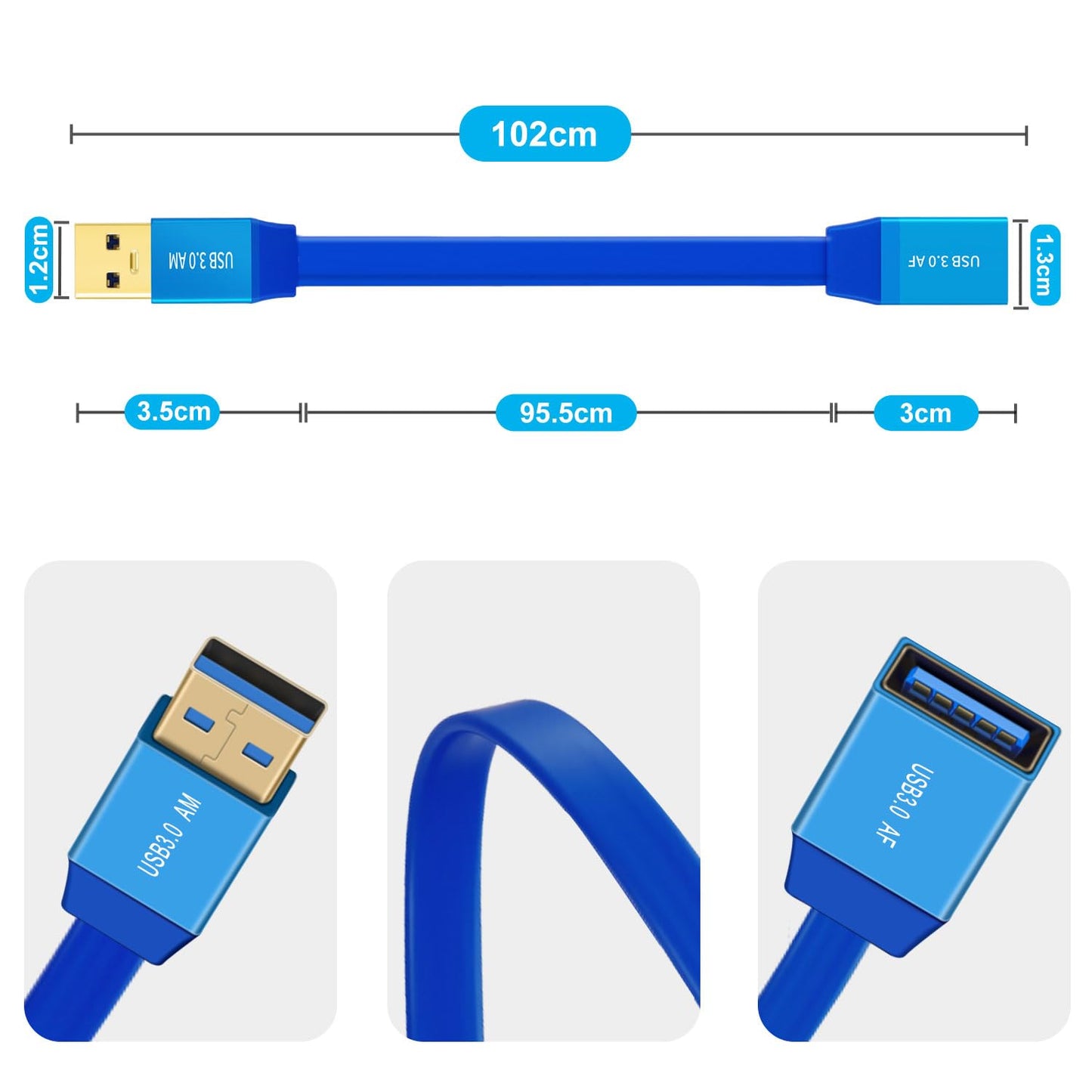YINGAYOU 3.0 5Gbps 12V 3A 1 m/3.3 USB Extension Cable Flat Flat USB Male Female Extension Cable for Devices Such as