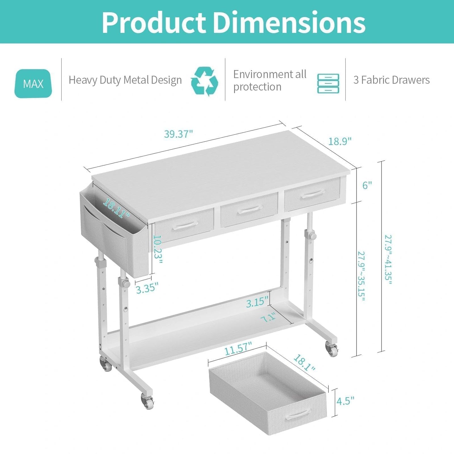 White Portable Rolling Computer Desk - 40 Inch Adjustable Mobile Standing Teacher Desks with 3 Fabric Drawers on Wheels, Couch Sofa Side Laptop Stand Up Table with Storage for Home Office, White