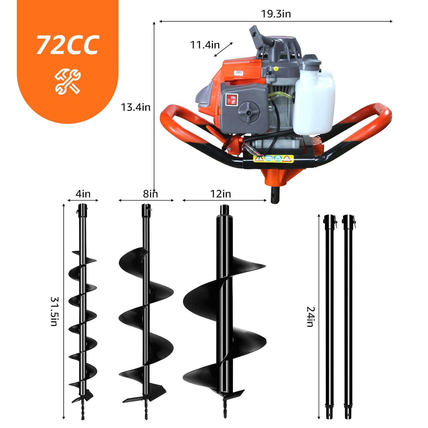 XJADQW 72CC 2-Stroke Gas Powered Post Hole Digger with 4" & 8" & 12" Auger Bits + 24“ & 24" Extension Rod, Heavy Duty Earth Auger for Farm, Garden, Landscaping, Construction