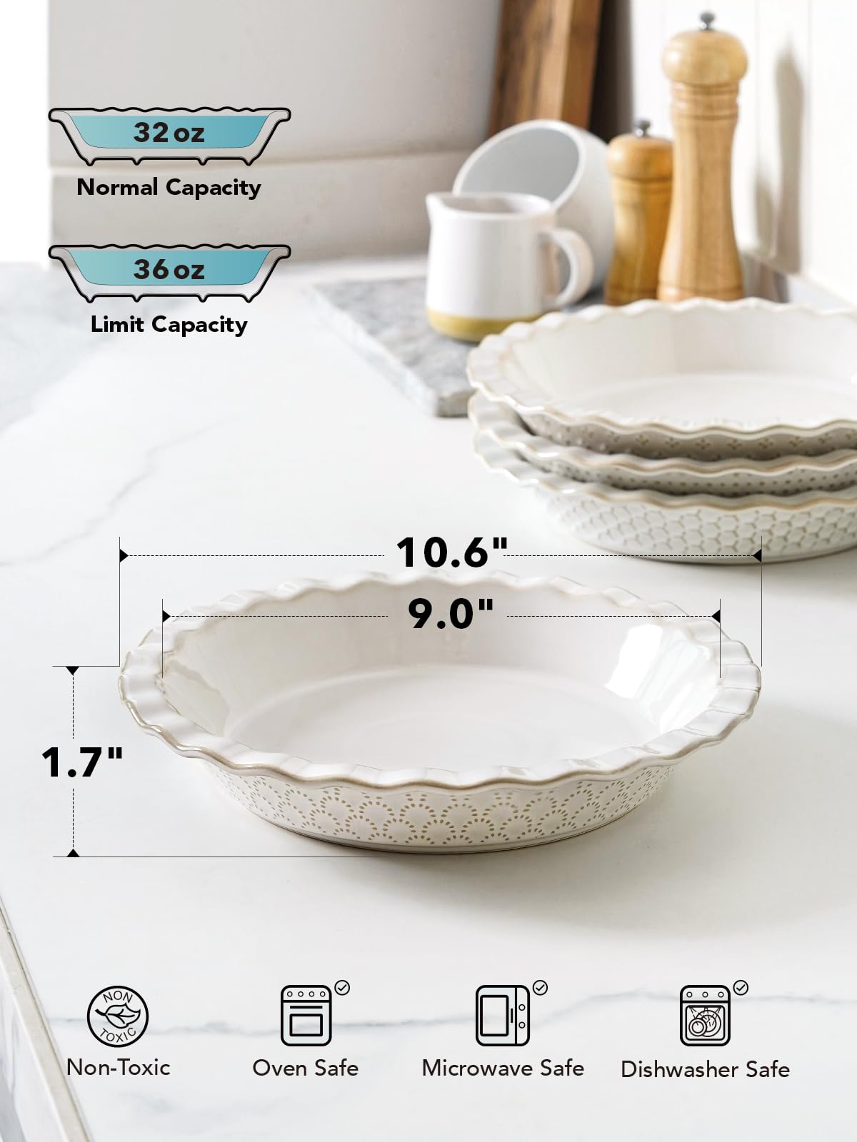 LE TAUCI Pie Pans for Baking 9 Inch, Ceramic Pie Plate for Apple Pie, Round Baking Dish Oven Safe, Embossment Housewarming Wedding Present - 36 OZ, Set of 2, Fireworks + Honey Comb, Arctic White