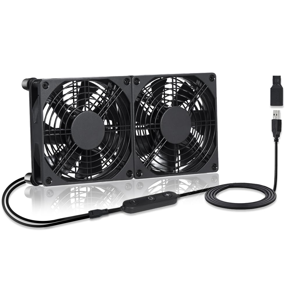 xiaoqijia Dual140mm 10-Speed IPX5 5V 12V Adjustable Cooling Case Fan for Receiver DVR Xbox TV Box Router USB/DC Power