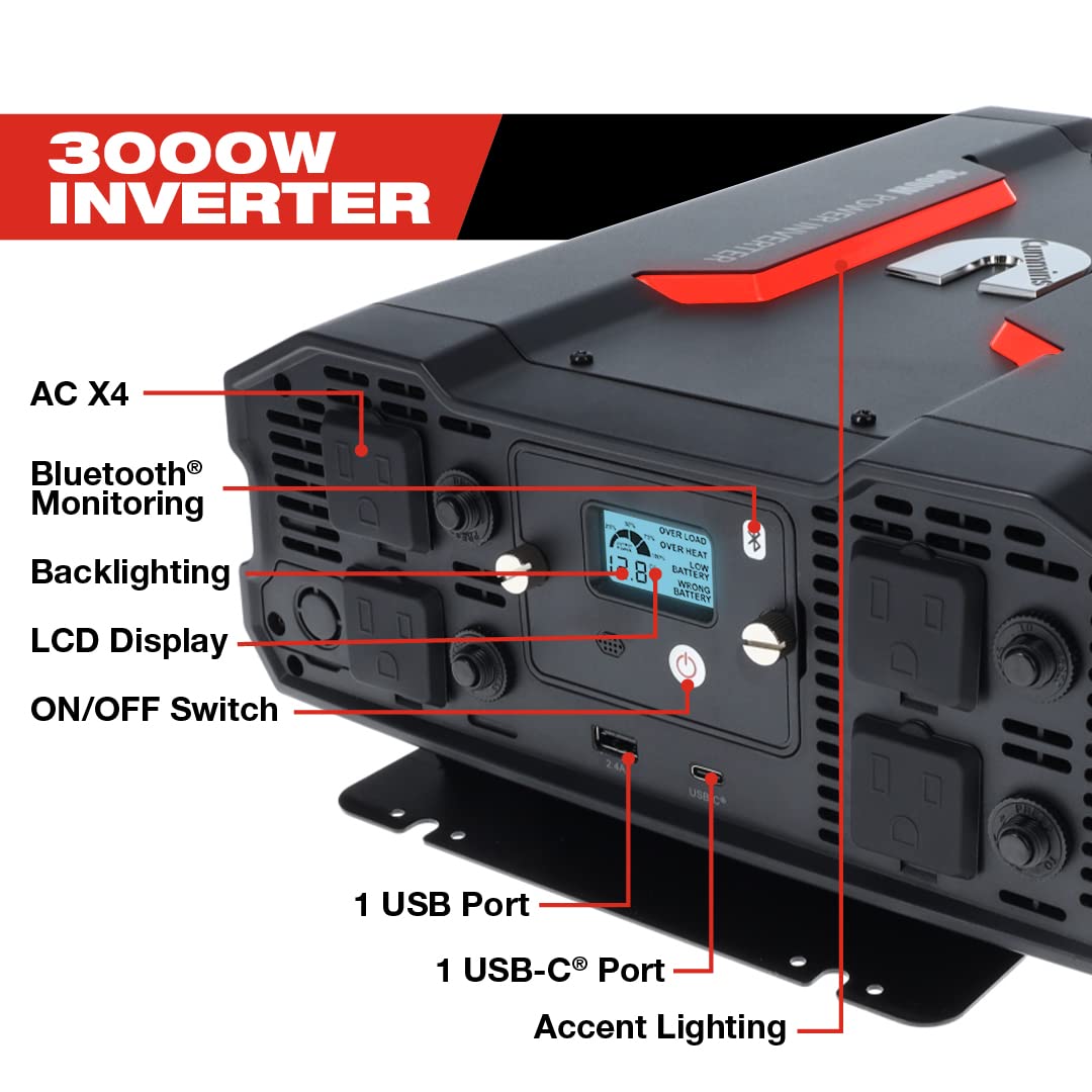 Cummins 3000 Watts Inverter Modified Sine Wave Truck Inverter 12 Volts to 110 Volts Four AC Outlets Two USB Ports (Plus Cable Kit)- CMN3000W - Inverters for Vehicles, Van Life, Camping