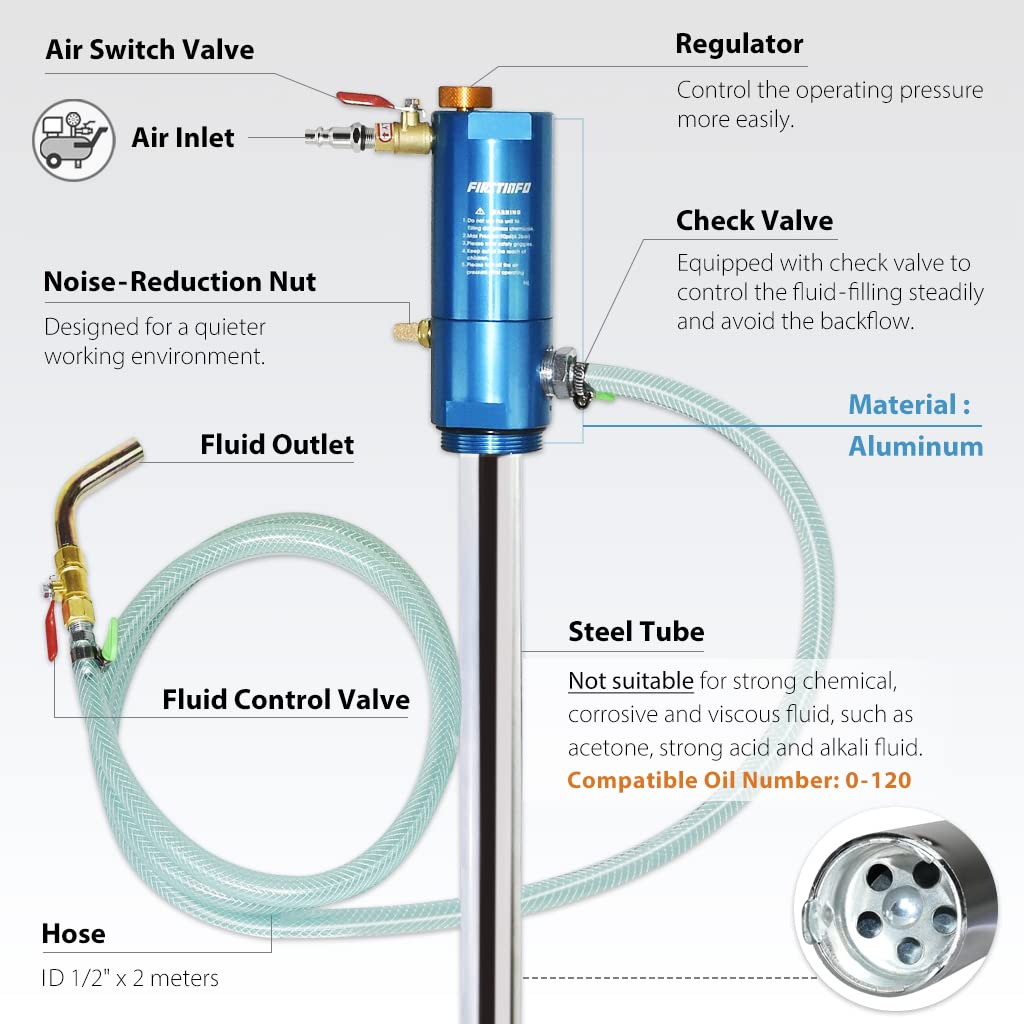 FIRSTINFO A1182US Pneumatic Oil Barrel Drum Pump/Dispenser (1:1) for 50-gallon Pails/Drums and Open Containers/Vessels, Fast Oil/Liquid/Fluid Transfer