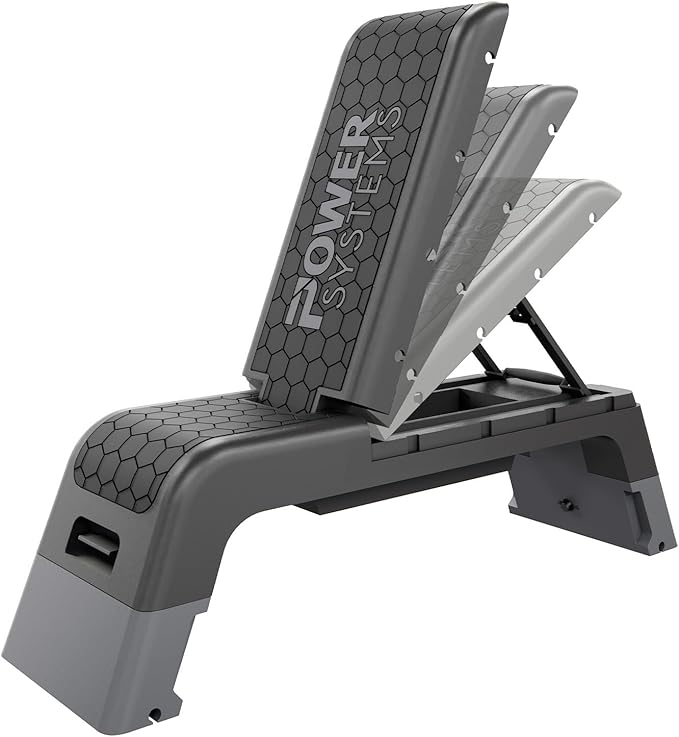 Power Systems Step Bench & Weight Bench | Aerobic Platform & Plyo Box for Cardio, Strength | Commercial Grade Full Body Home Gym Stepper | Adjustable Multifunctional Deck & Resistance Band Clips
