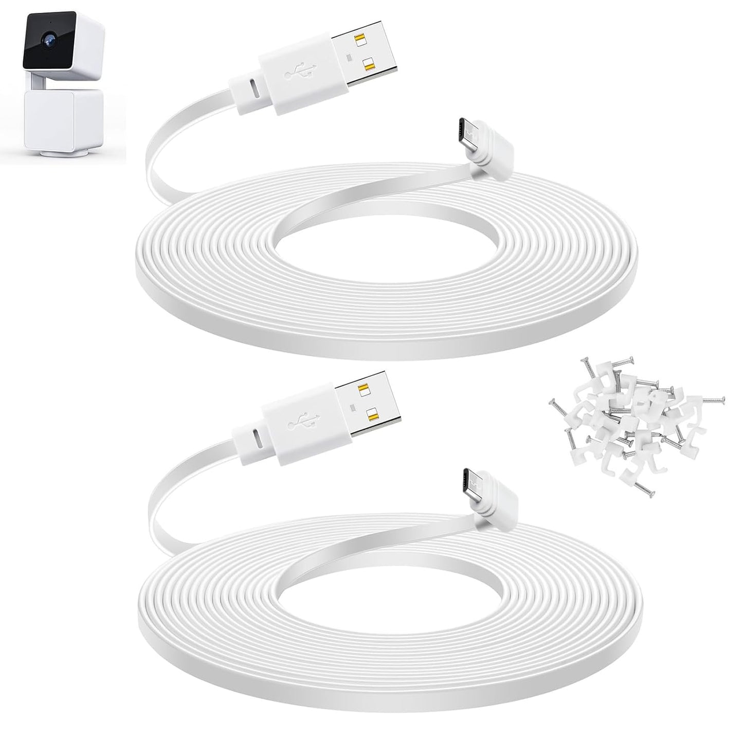 10 v3 90 2-Pack, Smays ft Cable for WYZE Cam Pan Camera, Long Micro USB Flat Power Cord, Degree White