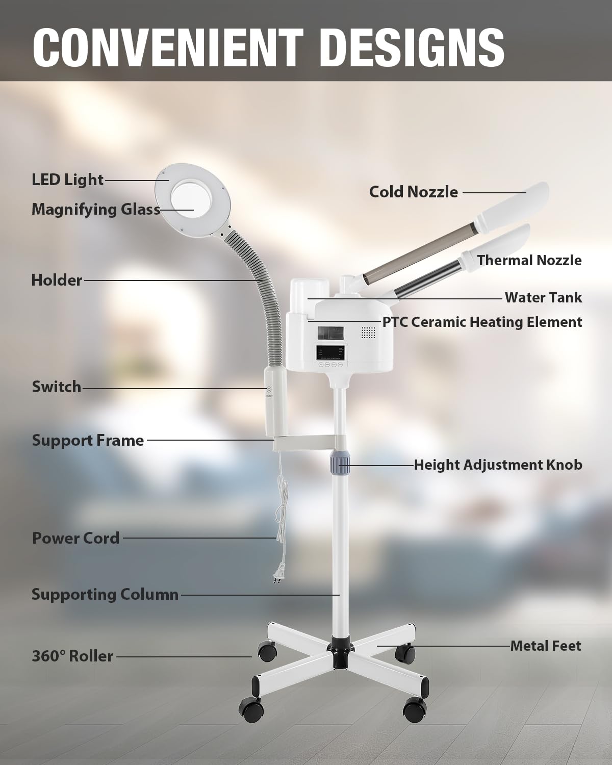 Professional Facial Steamer 3 in 1 Steamer for Face with Hot & Cold Nozzle 5X LED Magnifying Lamp Facial Steamer for Esthetician Beauty Face Equipment Use at Home or Salon