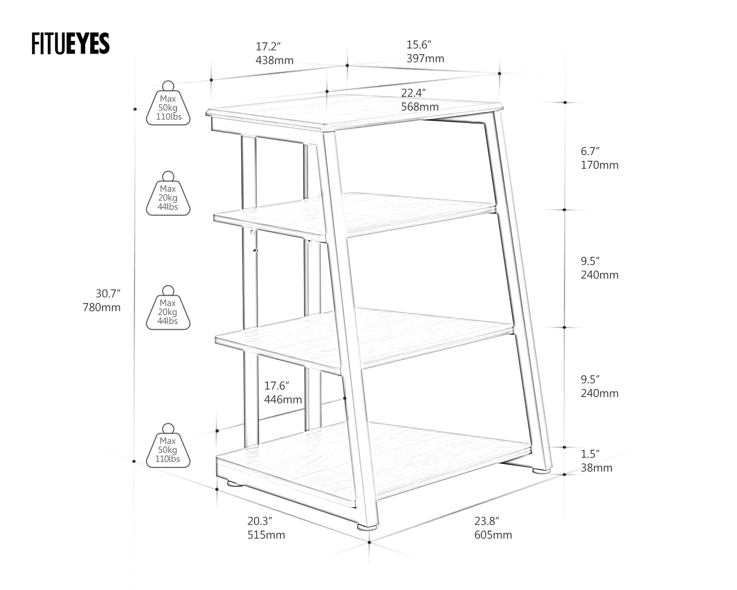 FITUEYES Design 4-Tier AV Media Stand Corner Shelf for Record Player Wooden Stereo Cabinet Audio Rack Tower with Height Adjustable Wooden Shelves for ps4 (Walnut)