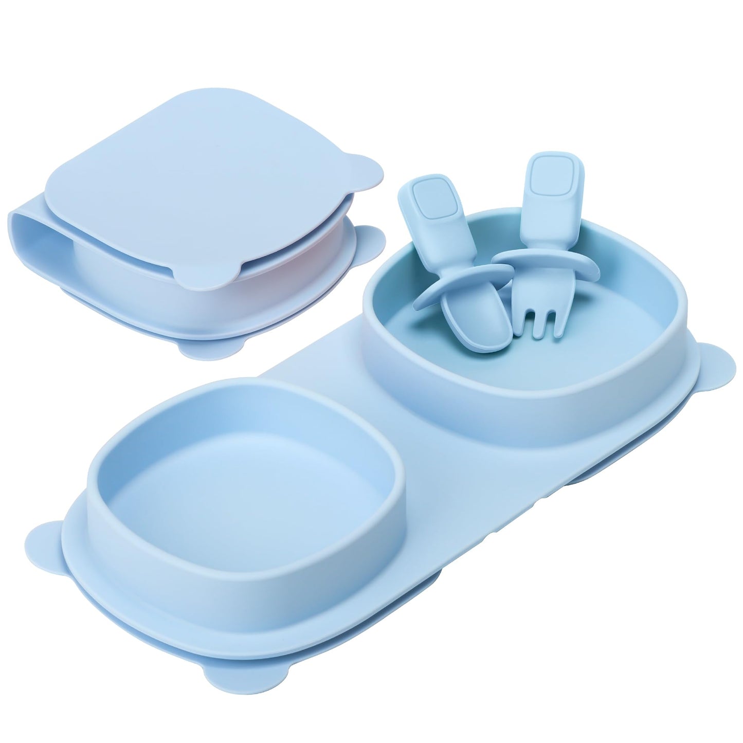 yahaa Baby Plates with Suction with Forks and Spoons, Foldable Silicone Toddler Plates, Baby Travel Essential, Microwave & Dishwasher Safe, Baby Blue