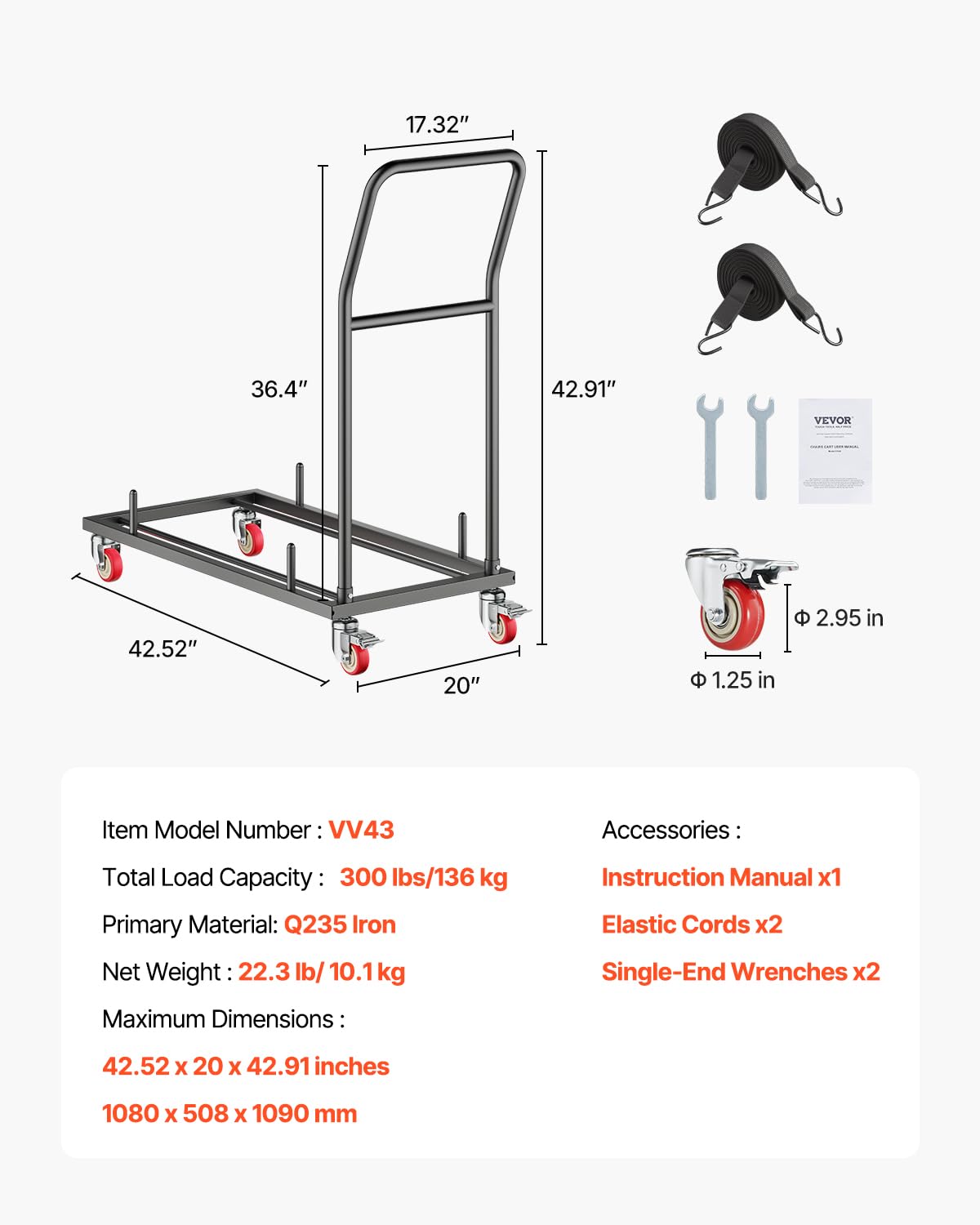 VEVOR Folding Chair Rack, 300 LBS Capacity, L-Shape Horizontal Placement Chair Cart for 25 Chairs, Heavy-Duty Metal Chair Storage Dolly with Rubber Wheels and Holders, Large Chair Holder, Matte Black