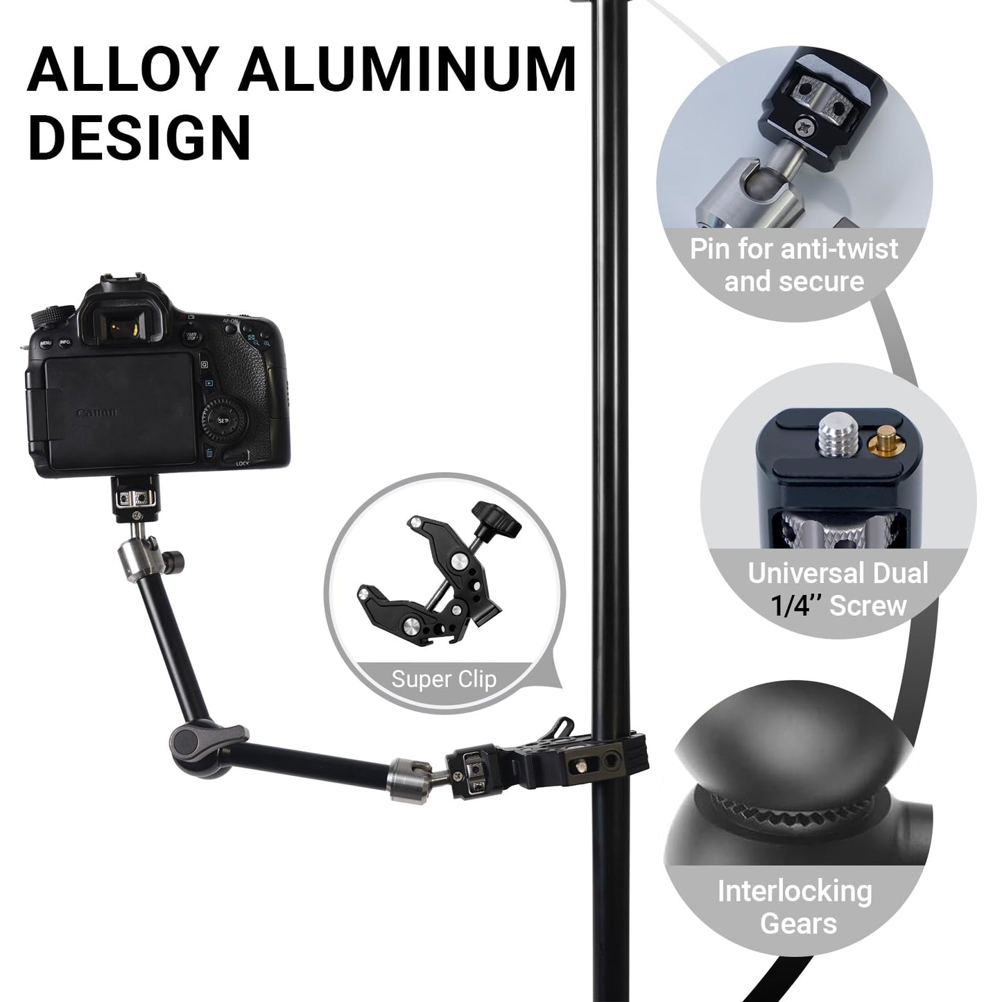Heavy-Duty Articulating Magic Arm Mount with Super Clamp, 360° Dual Ball Head & 1/4" ARRI Locating Pin&Holes, Camera Monitor Mount for Action Camera Video LED Light (11" Magic Arm w/Clamp)