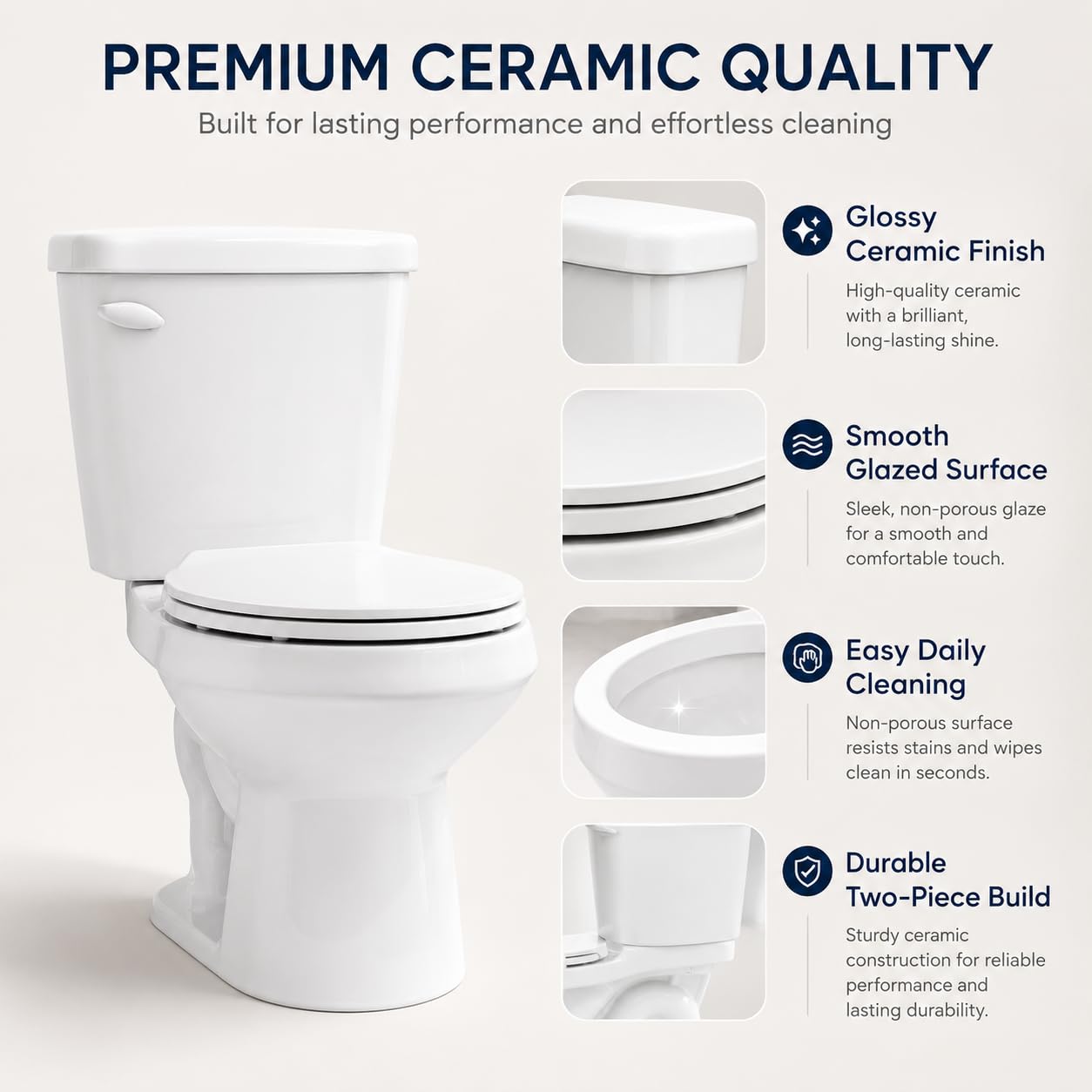 15 Inch Round Front Toilet for Small Bathrooms, Two Piece Compact Ceramic Commode with Side Flush, 1.28 GPF Siphonic Flush, Soft Close Seat, cUPC Certified, 12 Inch Rough-In