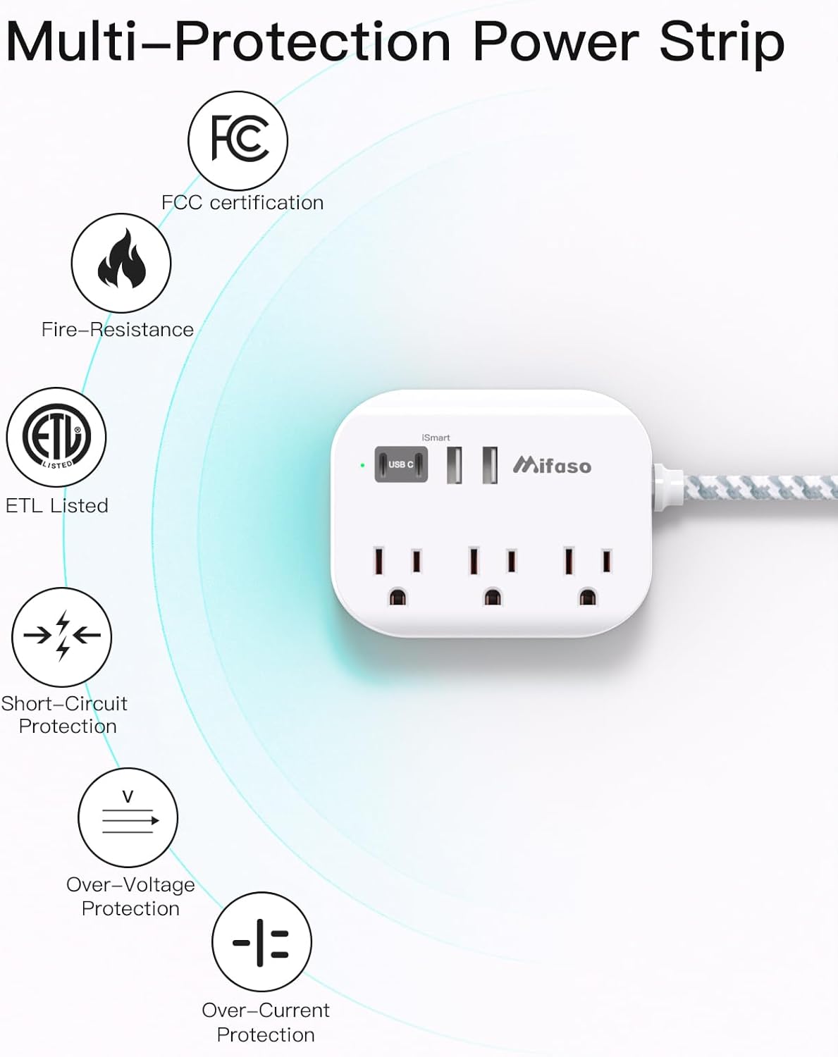 Mifaso 5Ft Cruise Ship Essentials - Power Strip with USB Ports, Flat Extension Cord with Multiple Outlets, USB Charging