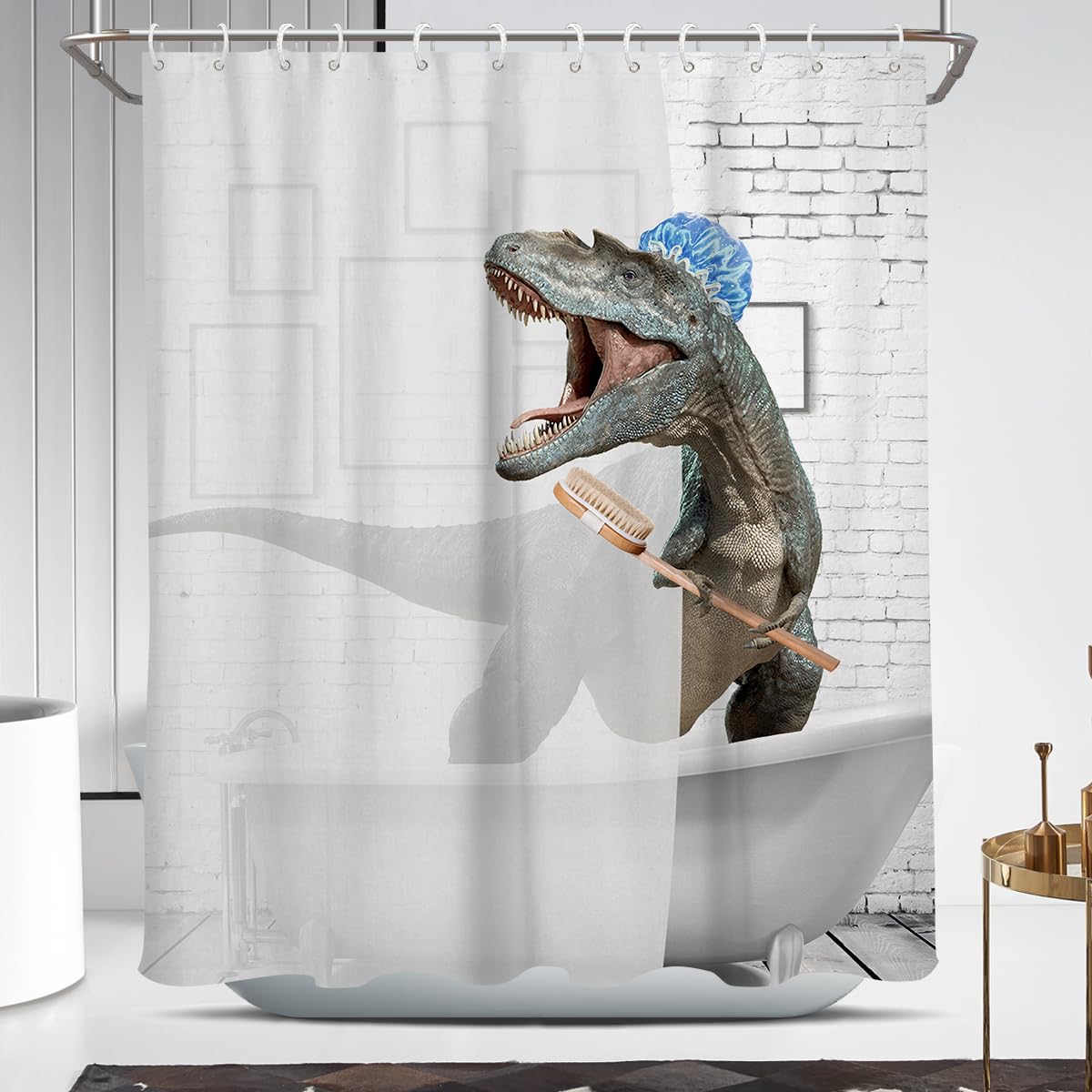 Coxila Kids Dinosaur Shower Curtain Funny Fun Dino Boy Cute Unique Toddler Adult Cartoon Silly Crazy Novelty Weird Cool Anime Monster Blue Bathroom 60 x 72 Inch Polyester Fabric 12 Pack Plastic Hooks