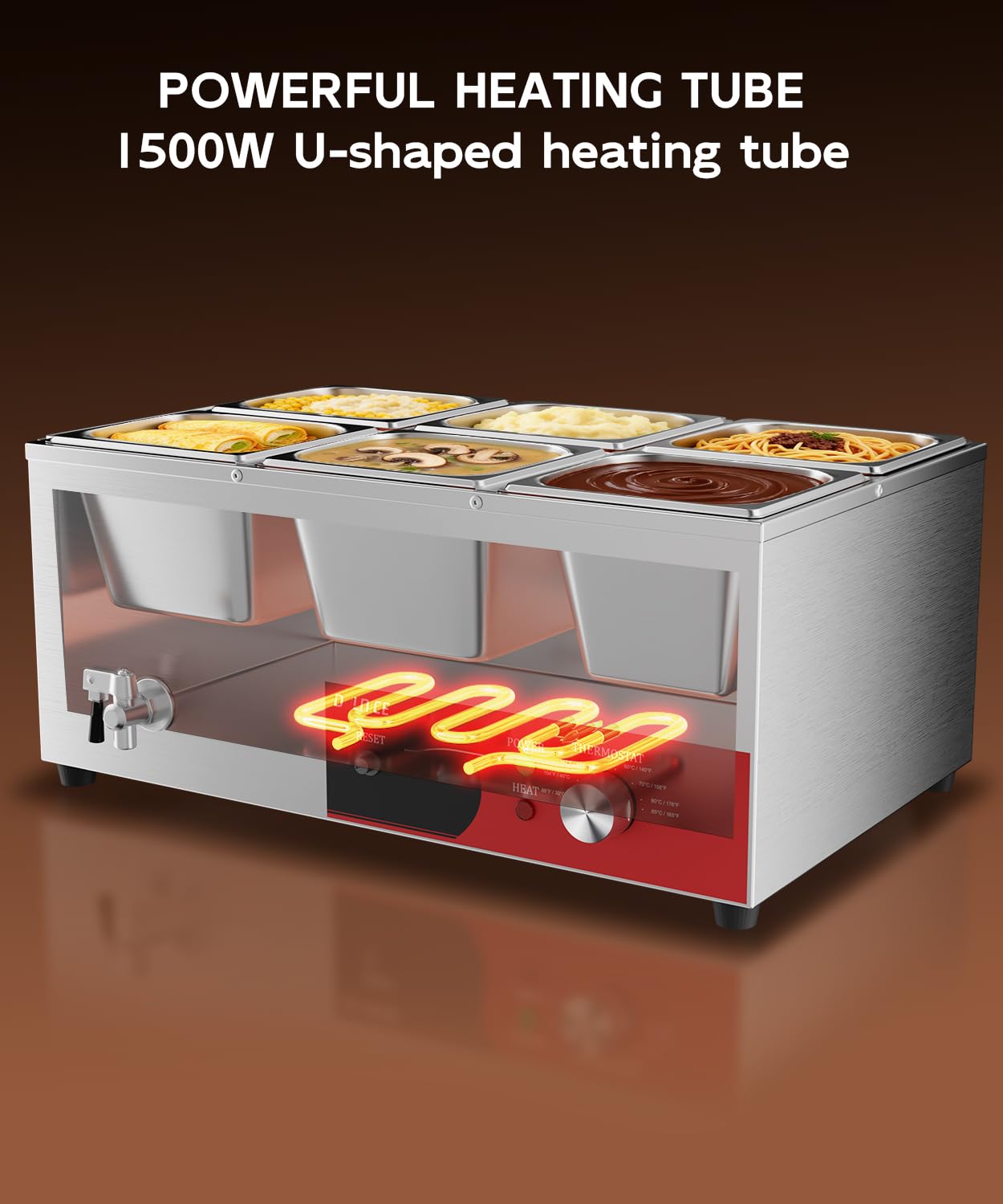 DULNICE 6-Pan Commercial Food Warmer, 1500W Stainless Steel Bain Marie with Anti-Dry Burn and Reset Button, Countertop Soup Warmer with Drain Tap, Soup Spoon for Buffet, Catering, Parties, Restaurants