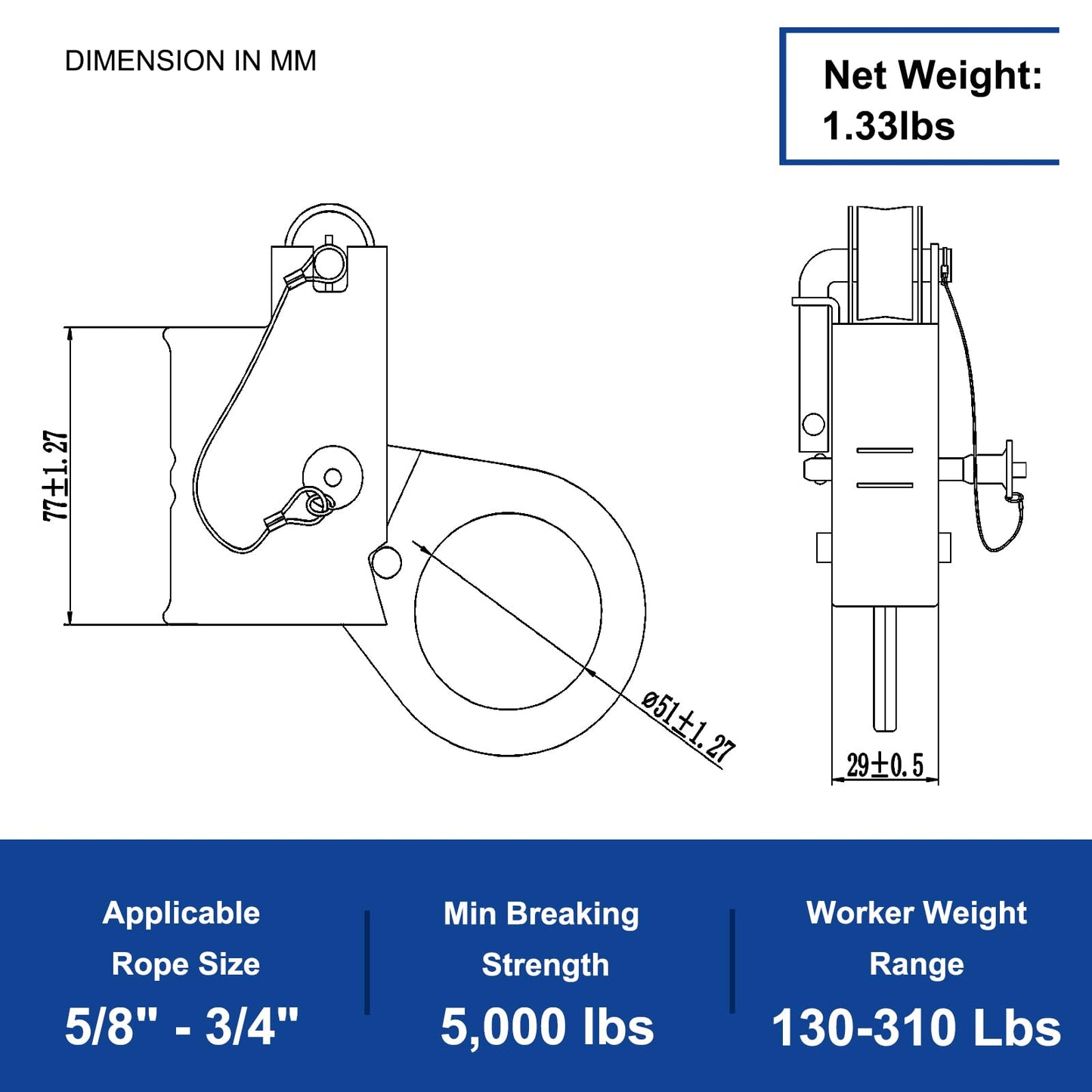 FHFallArrest Fall Protection Automatic Energy Absorbing Rope Grab，Used with 5/8” - 3/4” Lifeline Rope, for Construction,Comply to ANSI/OSHA