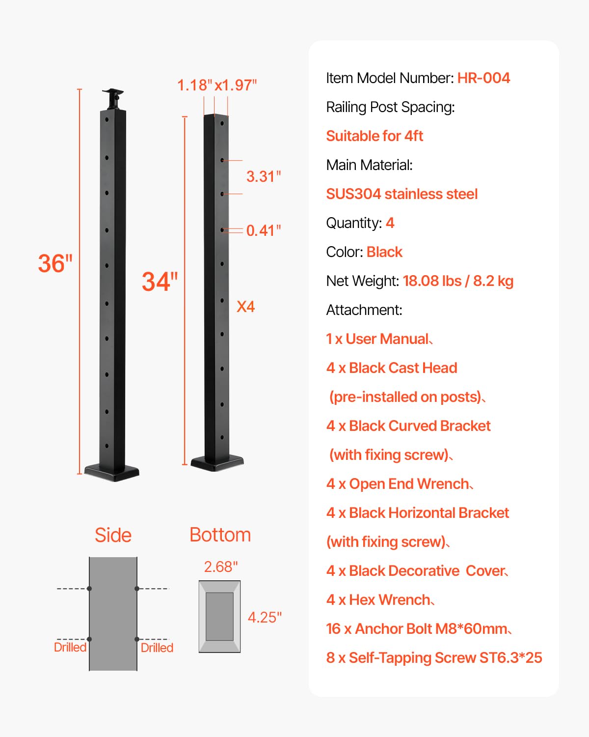 VEVOR Level Drilled Cable Railing Post, 10 Holes, 36x1x2 Inches Stainless Steel Cable Railing System Kit for Indoor Outdoor Deck Balcony, 4 Pack, Black, Product ID 4JZLGZXHS914UUOI6001V0