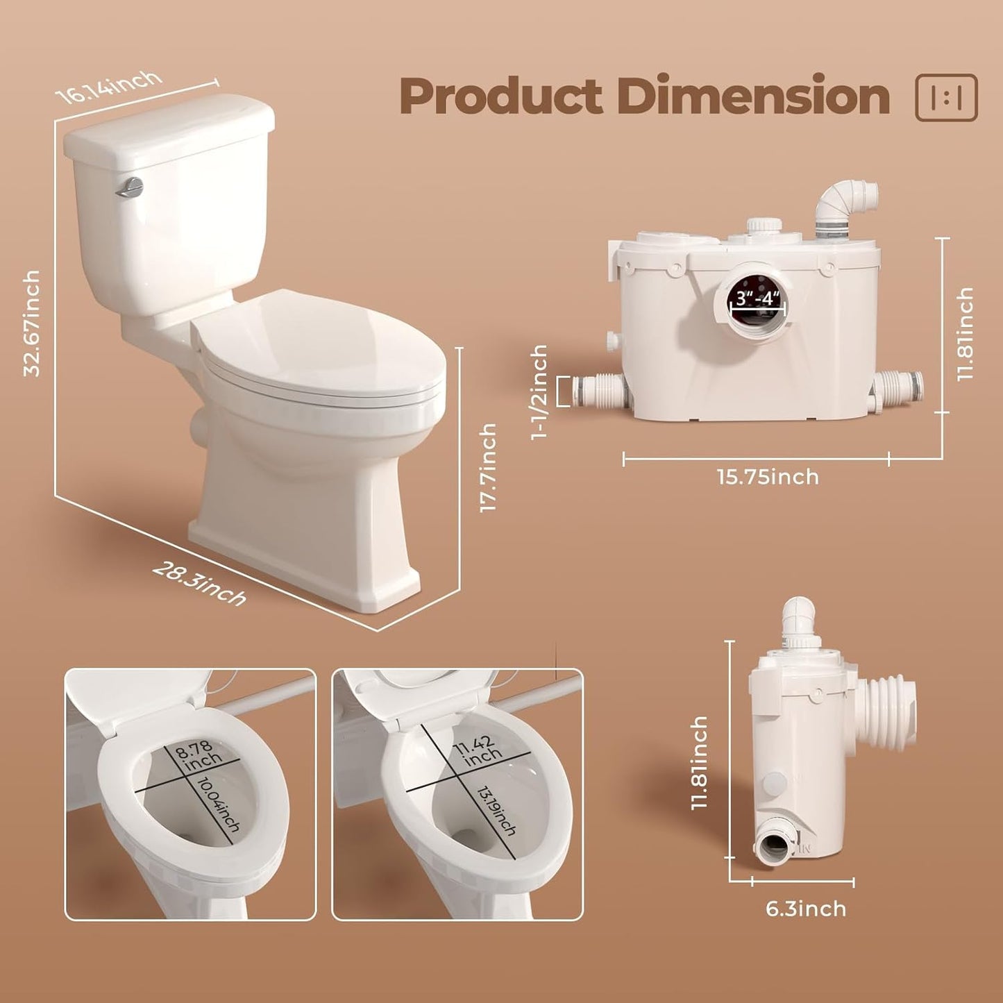 Upflush Macerating Toilet, Two Piece Elongated Tall Toilet with 4 Inlets Macerator Pump for Residential Basement Toilet, Sink, Shower Wastewater Disposal, Auto Start & Stop, Sewage Grinder System